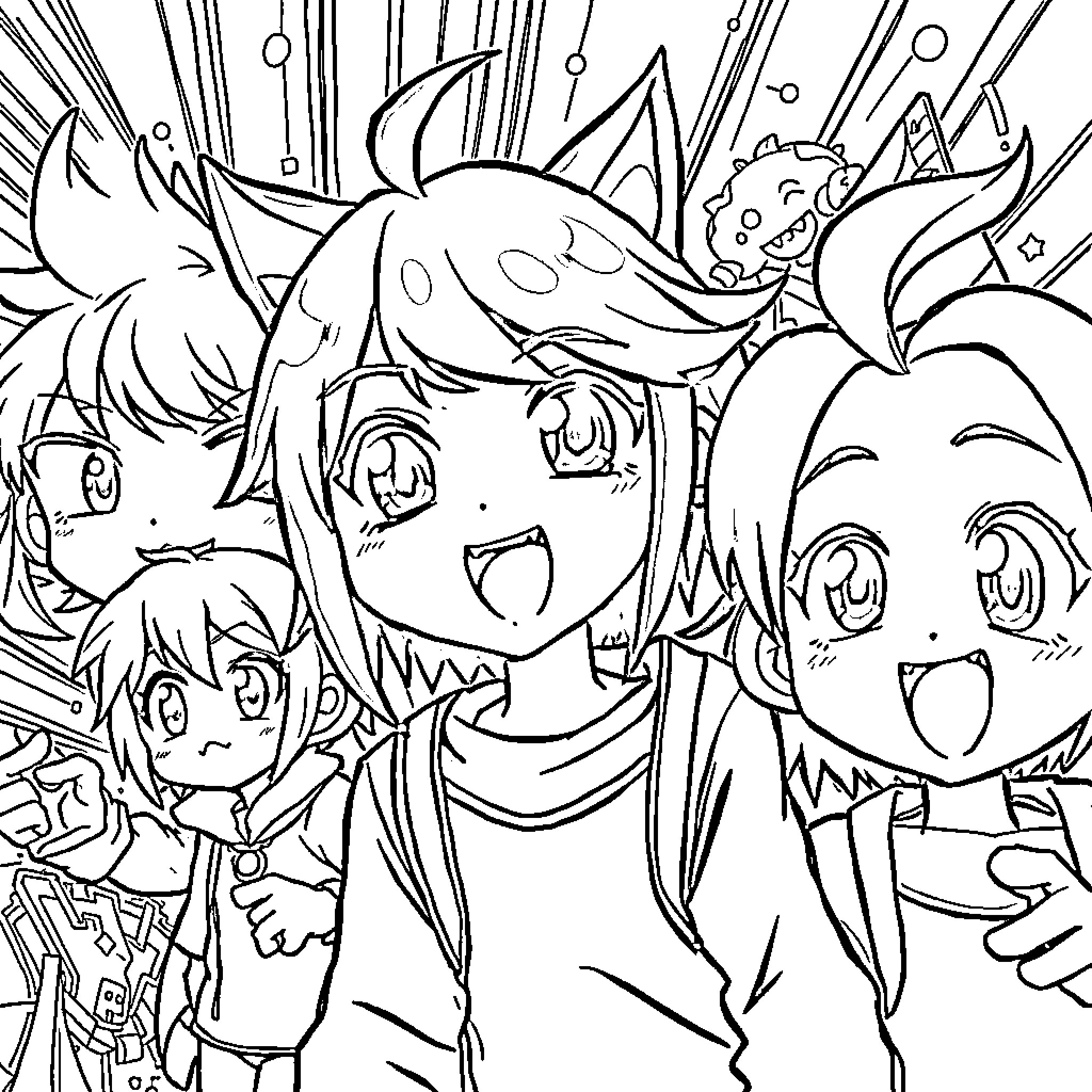 Anime characters in an exciting adventure scene Coloring Page (free black-and-white line drawing printable PDF for all, from beginners to advanced learners, including children, teens, adults, and seniors)
