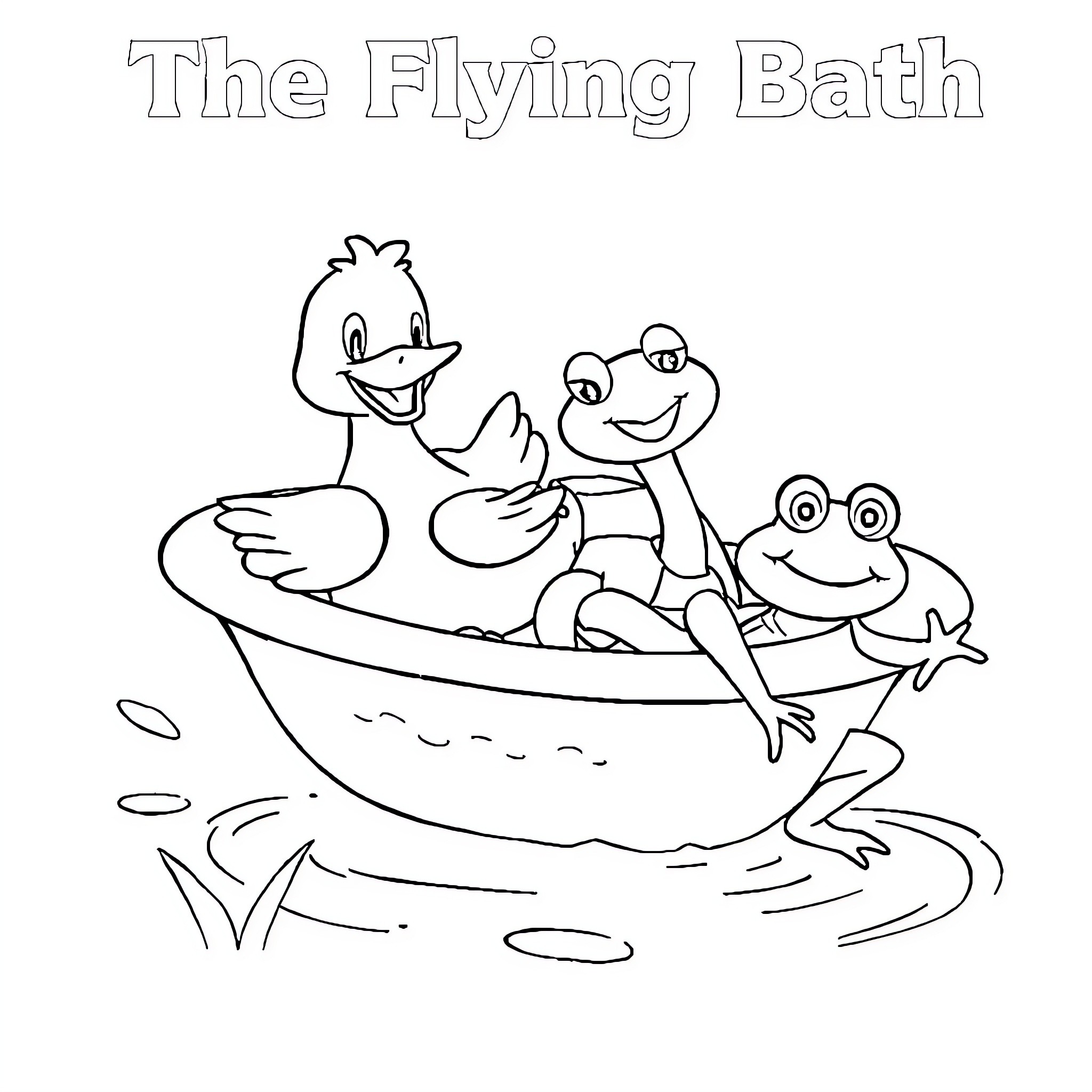 Duck family enjoying a bath together Coloring Page (free black-and-white line drawing printable PDF for all, from beginners to advanced learners, including children, teens, adults, and seniors)