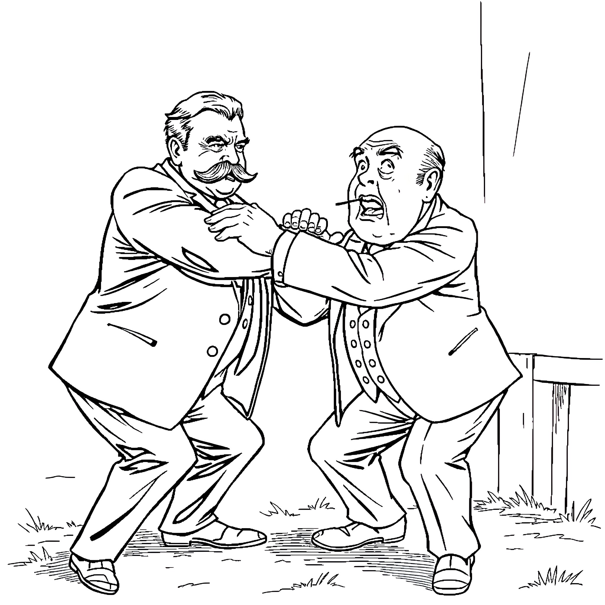 Theodore Roosevelt in Animated Conflict with Companion Coloring Page (free black-and-white line drawing printable PDF for all, from beginners to advanced learners, including children, teens, adults, and seniors)