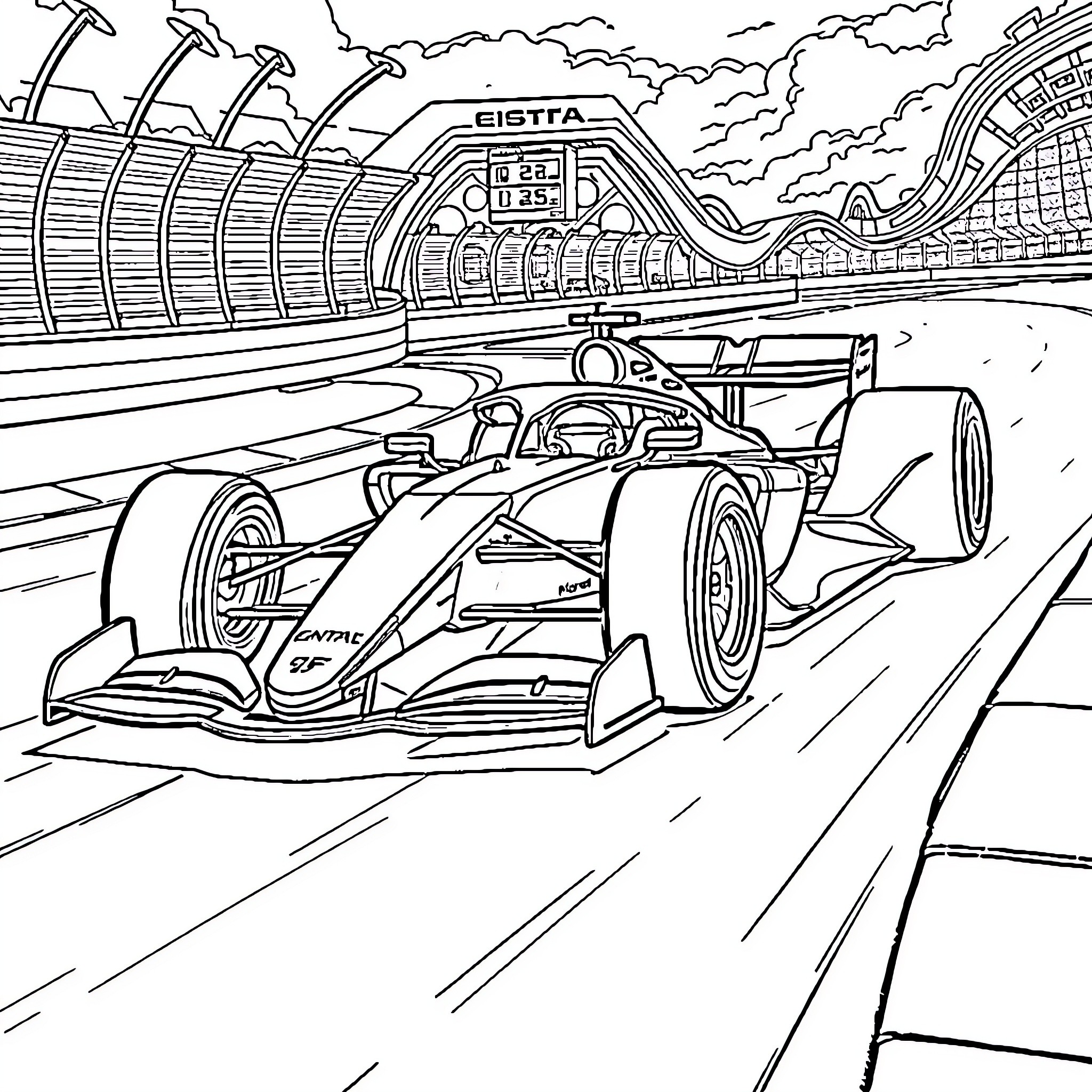 Formula 1 Car racing on the track Coloring Page (free black-and-white line drawing printable PDF for all, from beginners to advanced learners, including children, teens, adults, and seniors)