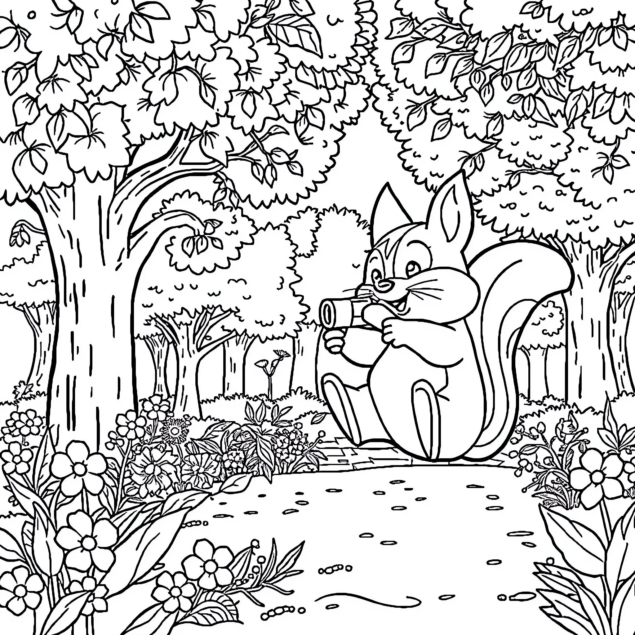 Sprunki's Woodland Adventure Coloring Page (free black-and-white line drawing printable PDF for all, from beginners to advanced learners, including children, teens, adults, and seniors)