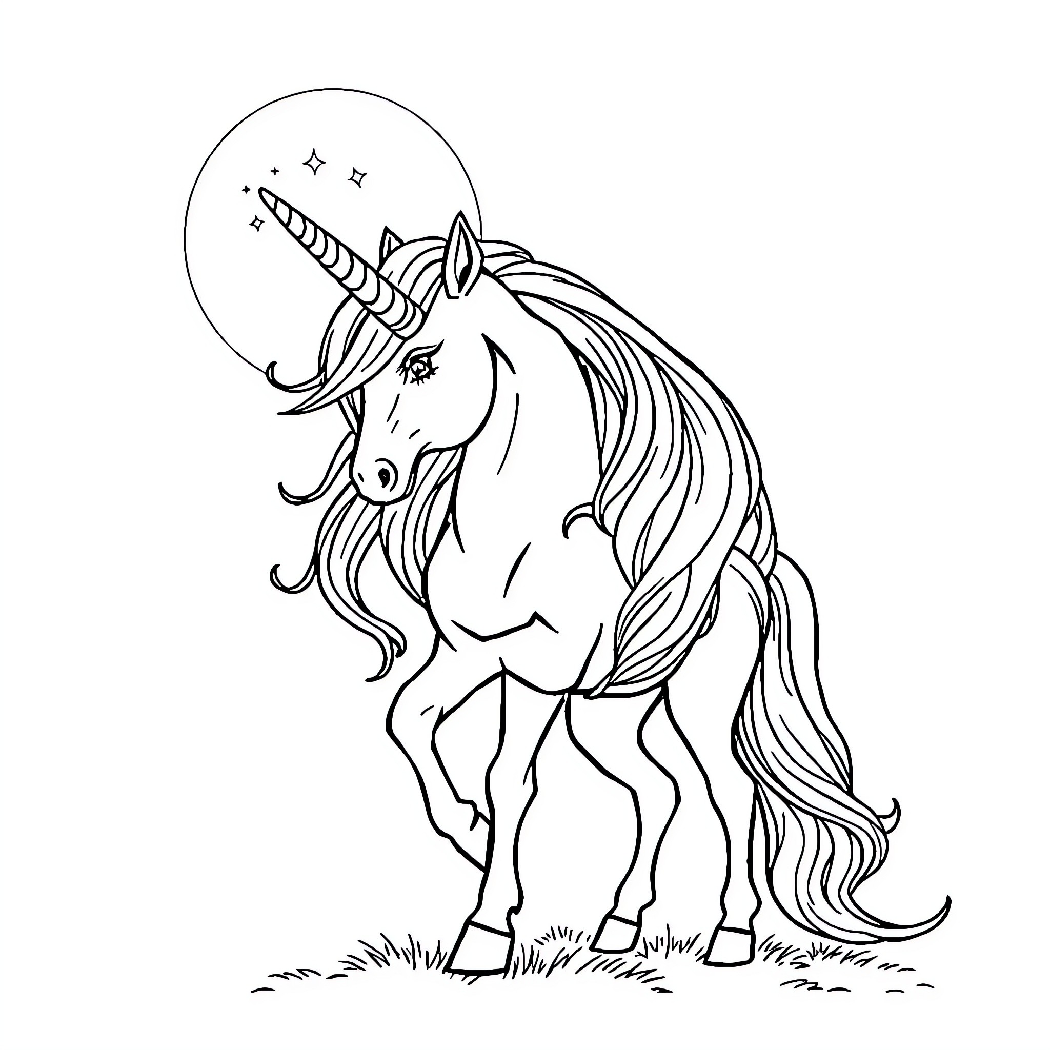 Unicorn with Magical Horn Gazing at the Night Sky Coloring Page (free black-and-white line drawing printable PDF for all, from beginners to advanced learners, including children, teens, adults, and seniors)