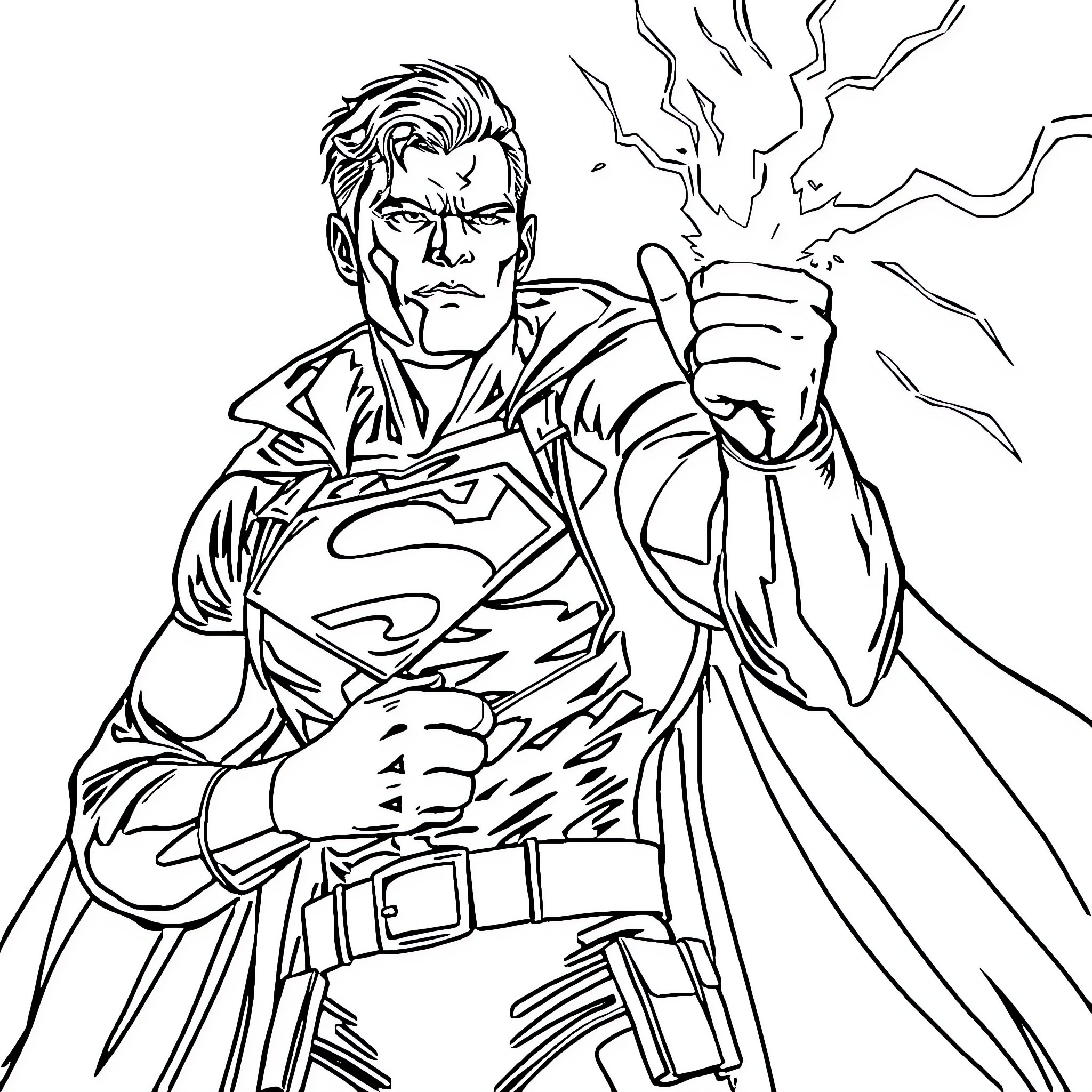 Superman using super powers in action Coloring Page (free black-and-white line drawing printable PDF for all, from beginners to advanced learners, including children, teens, adults, and seniors)