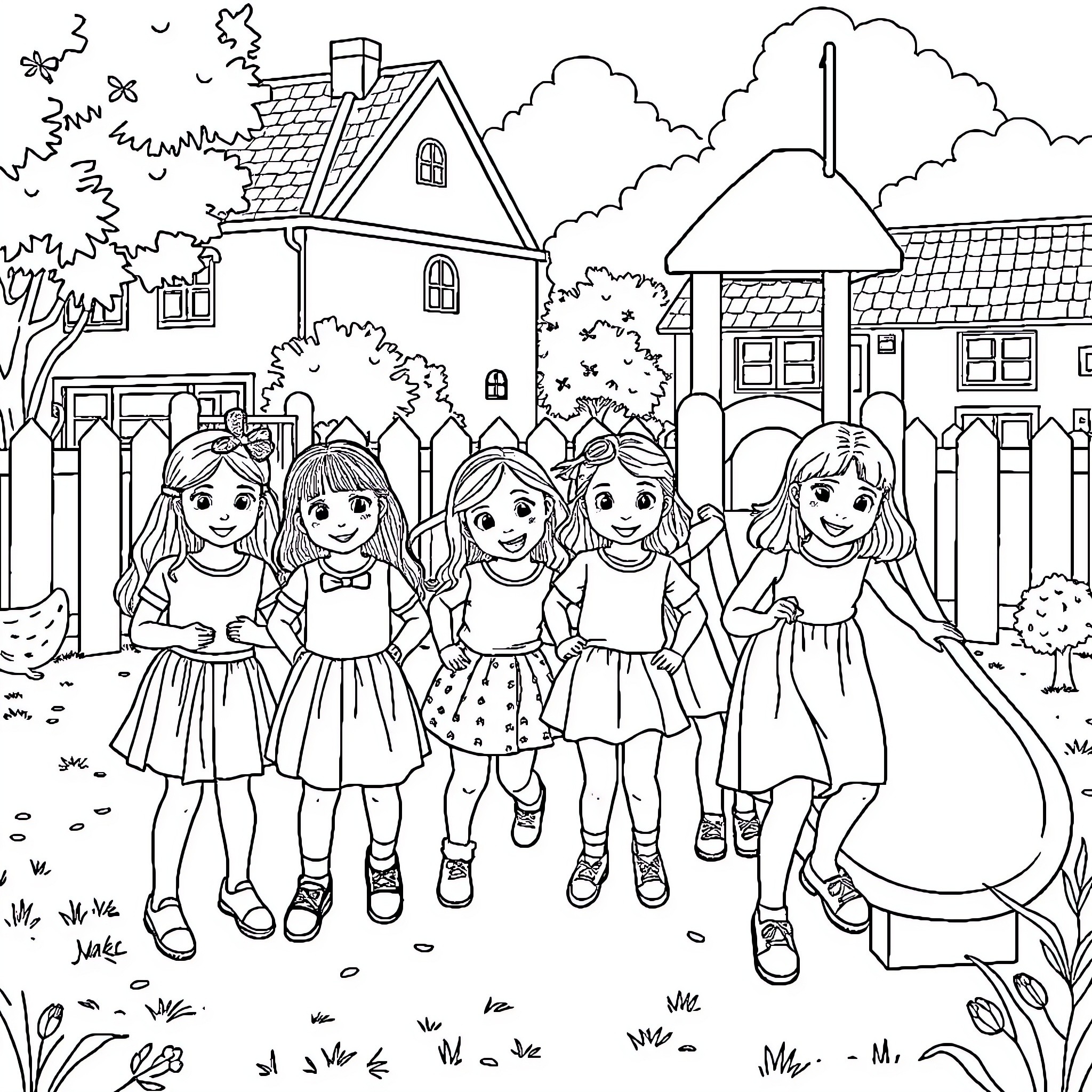 Child friends playing in the countryside Coloring Page (free black-and-white line drawing printable PDF for all, from beginners to advanced learners, including children, teens, adults, and seniors)