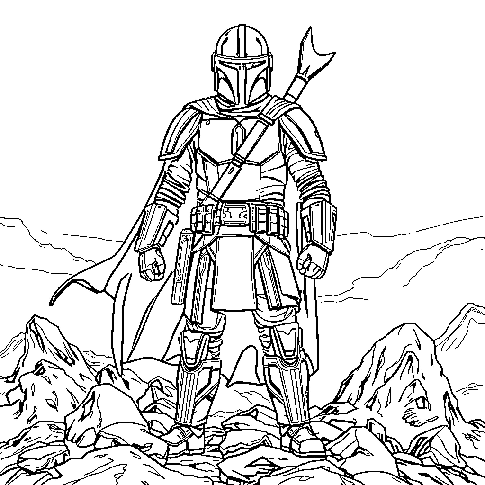 Mandalorian warrior standing tall in rugged terrain Coloring Page (free black-and-white line drawing printable PDF for all, from beginners to advanced learners, including children, teens, adults, and seniors)