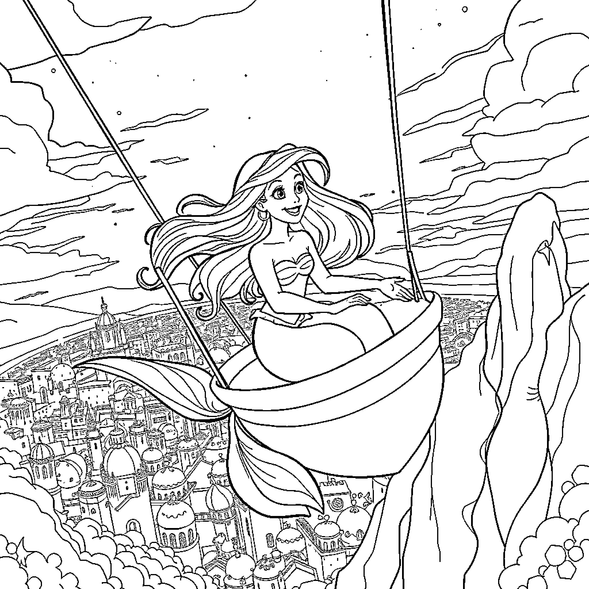 Ariel exploring the city from a boat Coloring Page (free black-and-white line drawing printable PDF for all, from beginners to advanced learners, including children, teens, adults, and seniors)