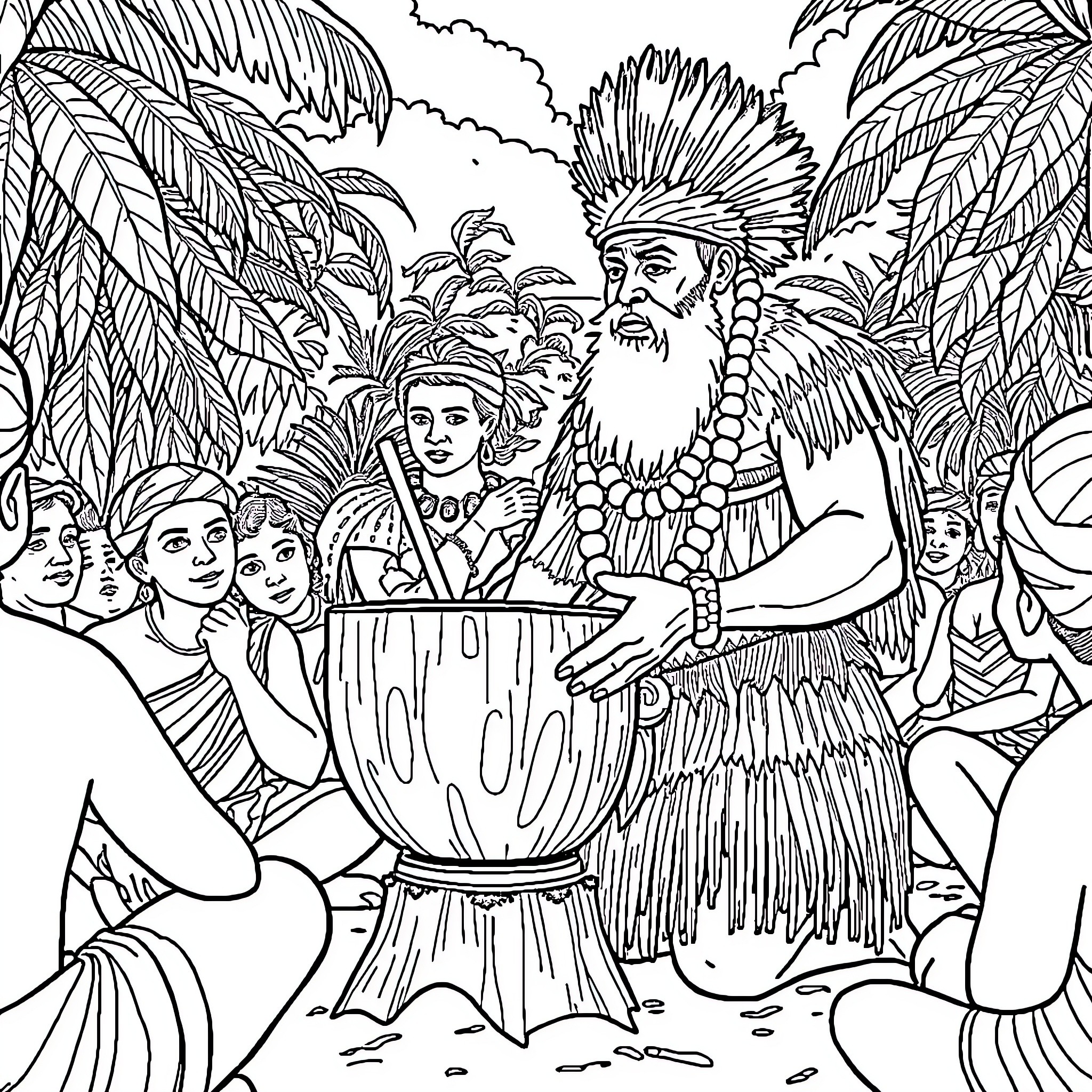 Chief Presiding Over Tribal Gathering in Jungle Coloring Page (free black-and-white line drawing printable PDF for all, from beginners to advanced learners, including children, teens, adults, and seniors)