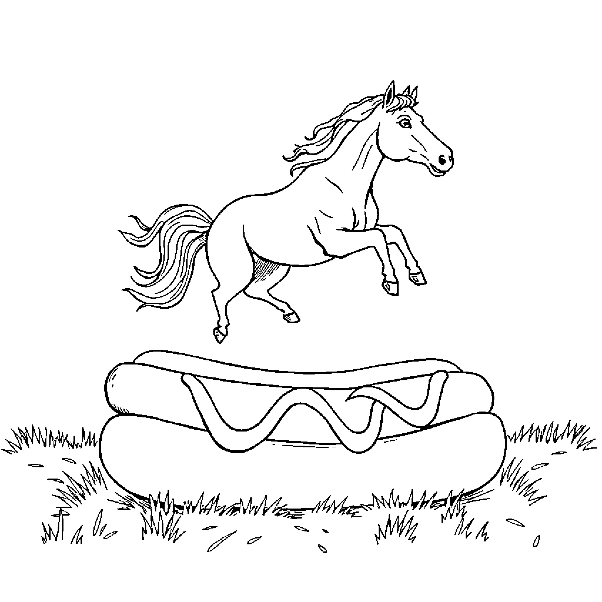 Horse jumping over obstacle in field Coloring Page (free black-and-white line drawing printable PDF for all, from beginners to advanced learners, including children, teens, adults, and seniors)