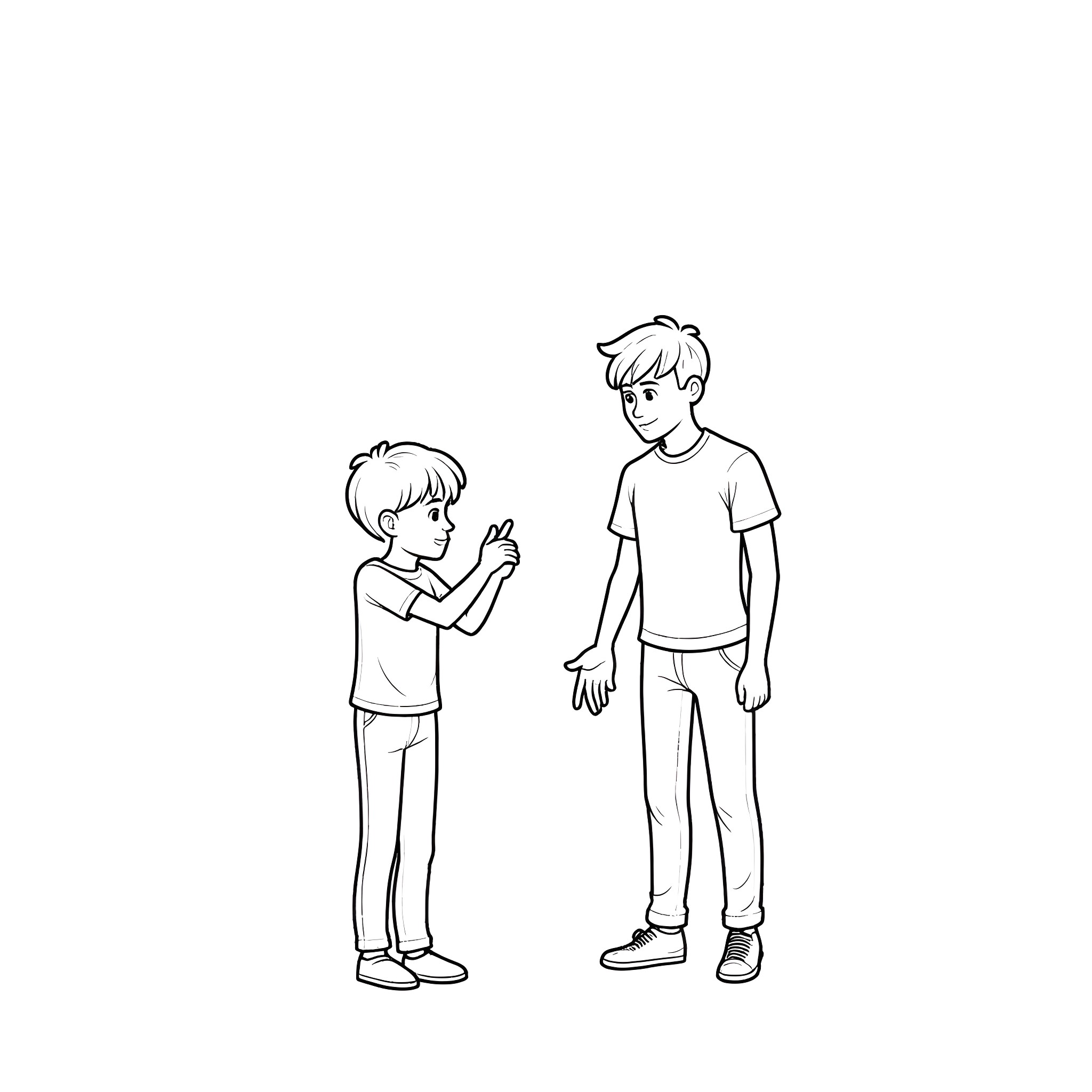 Dad interacting with his son in a casual setting Coloring Page (free black-and-white line drawing printable PDF for all, from beginners to advanced learners, including children, teens, adults, and seniors)