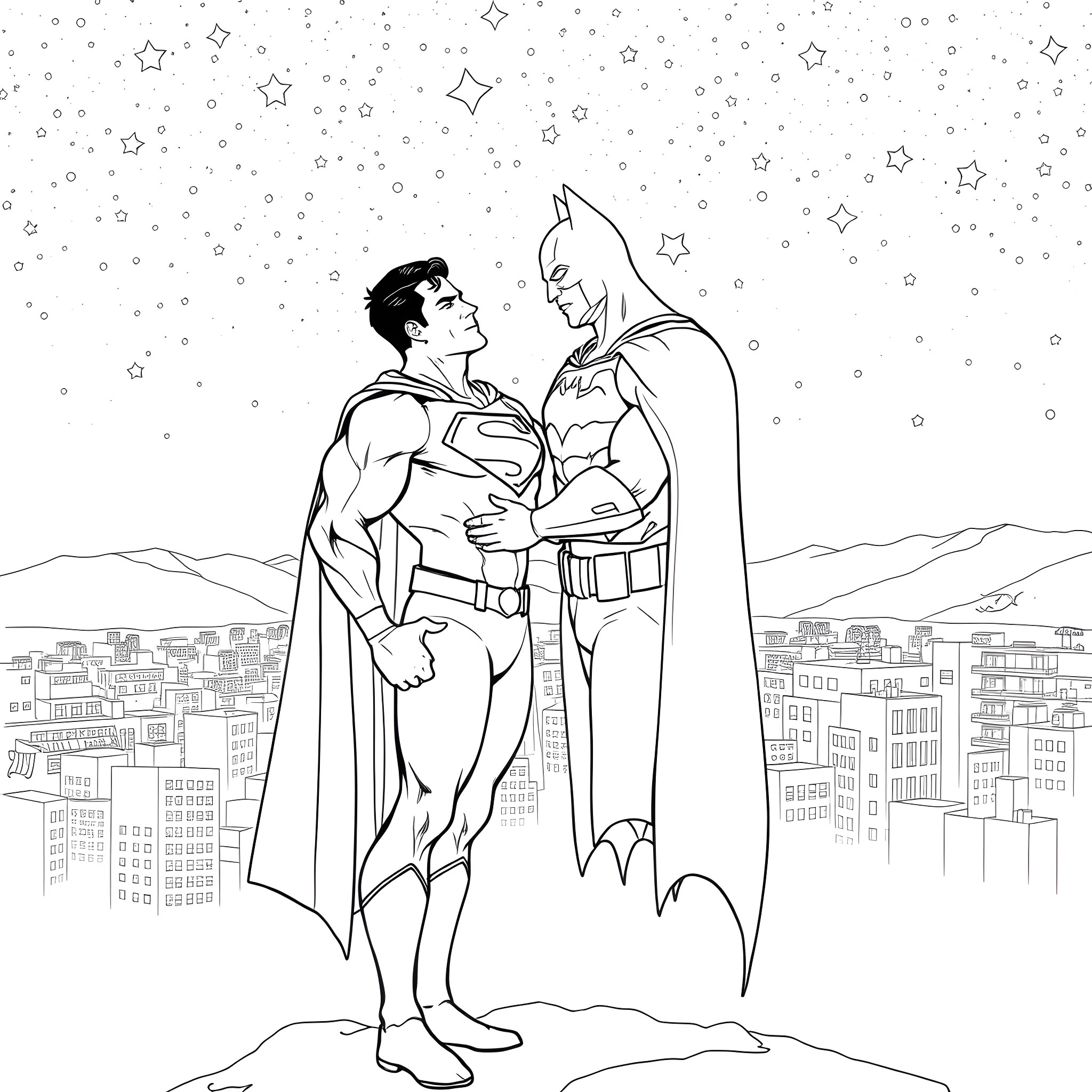 Superman and Batman in heroic embrace under starry night Coloring Page (free black-and-white line drawing printable PDF for all, from beginners to advanced learners, including children, teens, adults, and seniors)