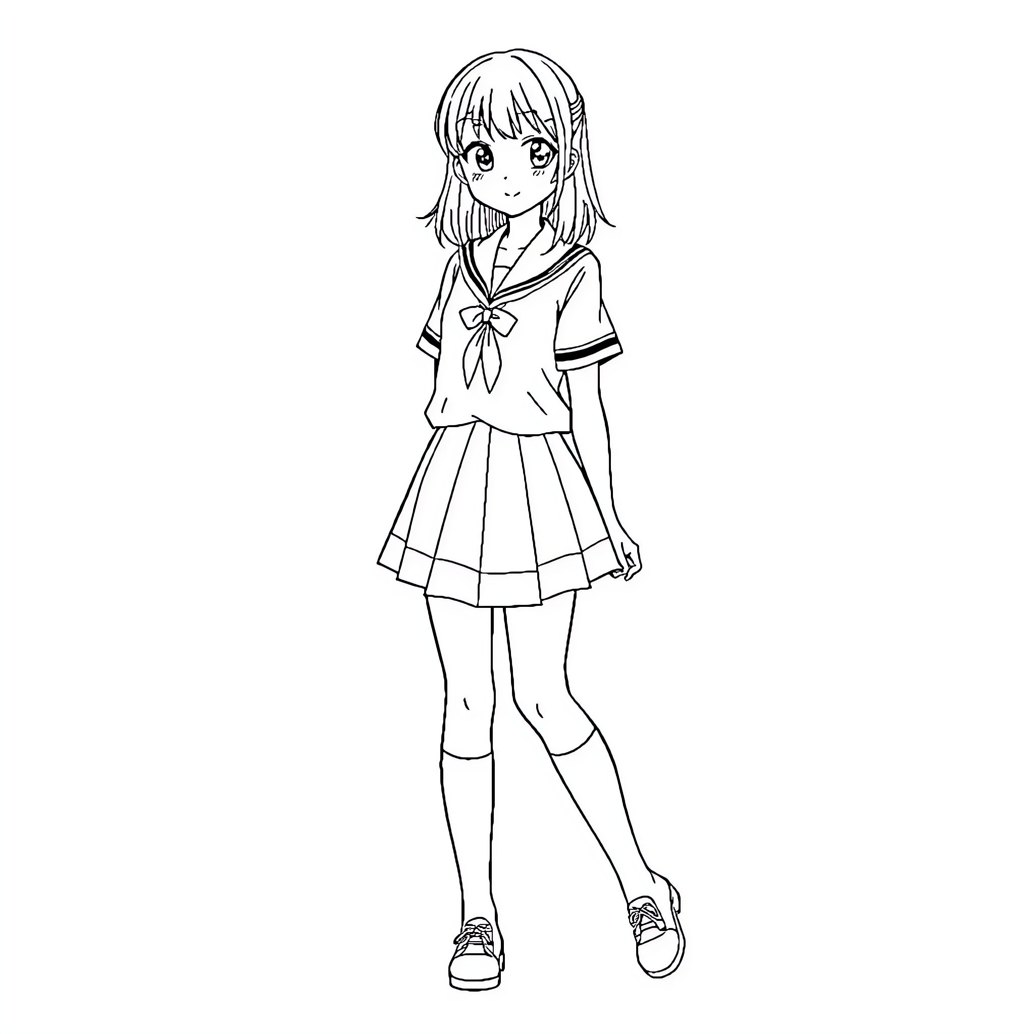 School Girl in Anime Style Uniform Coloring Page (free black-and-white line drawing printable PDF for all, from beginners to advanced learners, including children, teens, adults, and seniors)