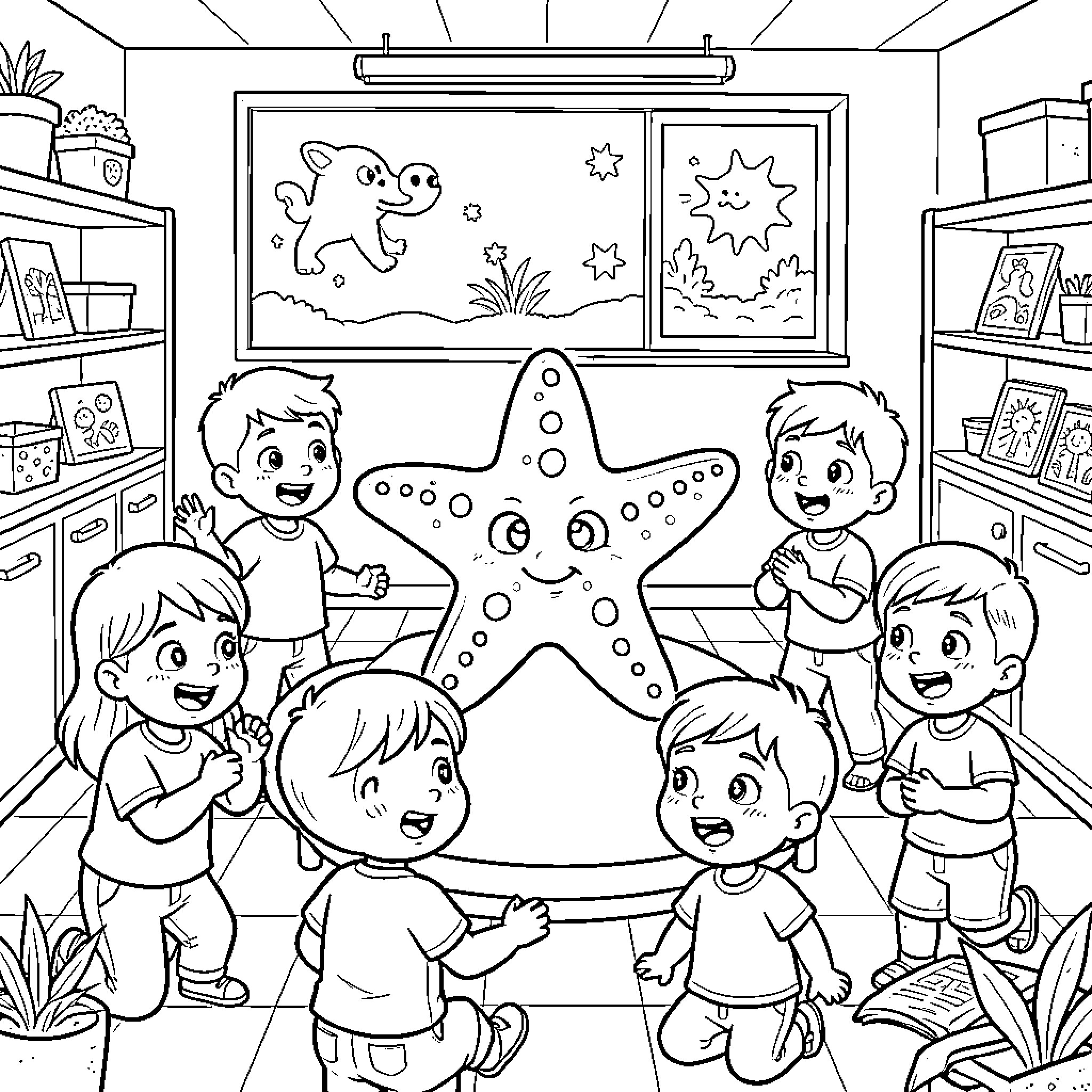 Estrella de Mar: Children Exploring and Playing in the Classroom Coloring Page (free black-and-white line drawing printable PDF for all, from beginners to advanced learners, including children, teens, adults, and seniors)