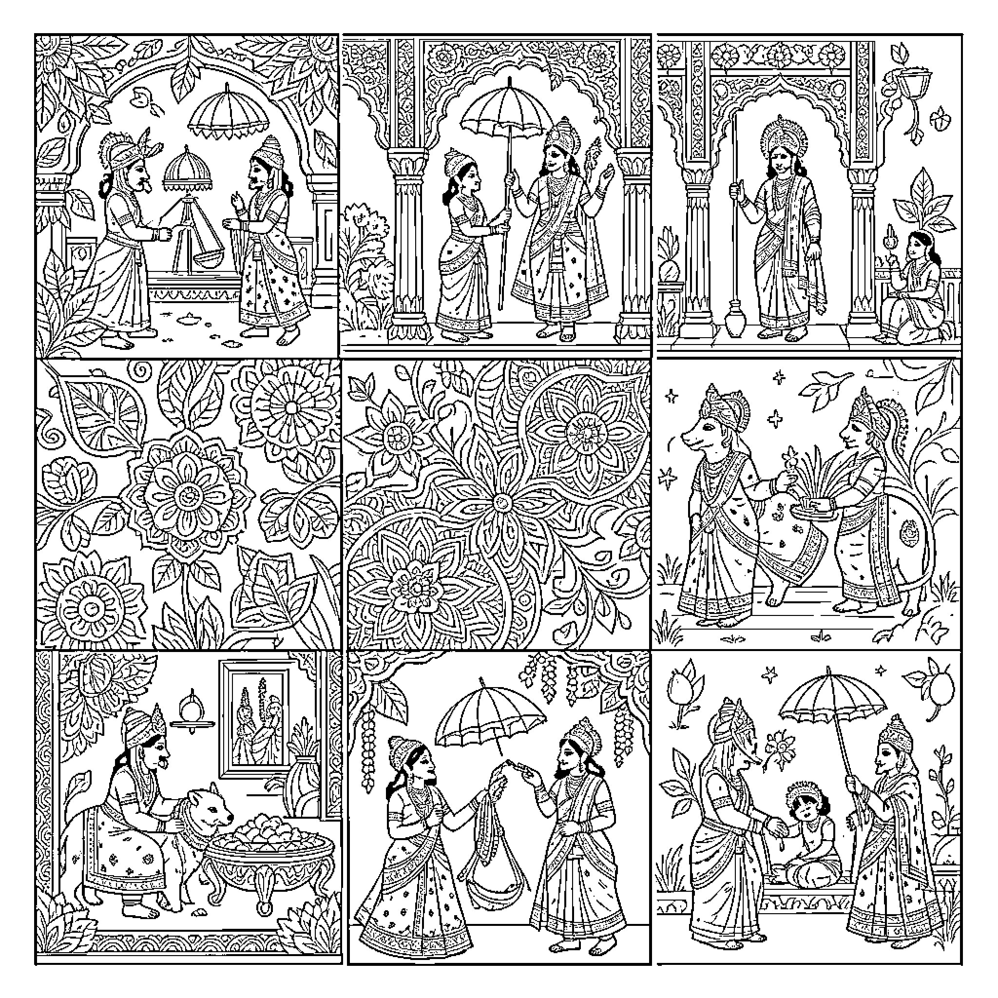 India depicting various traditional mythological scenes and figures Coloring Page (free black-and-white line drawing printable PDF for all, from beginners to advanced learners, including children, teens, adults, and seniors)