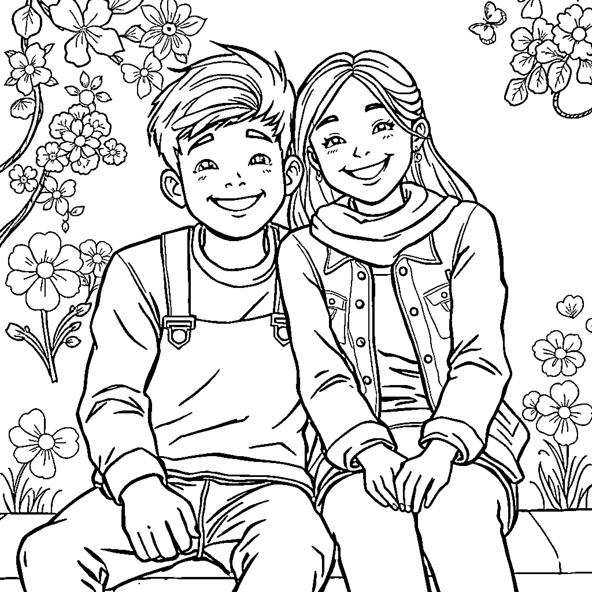 Boy and girl enjoying spring flowers Coloring Page (free black-and-white line drawing printable PDF for all, from beginners to advanced learners, including children, teens, adults, and seniors)