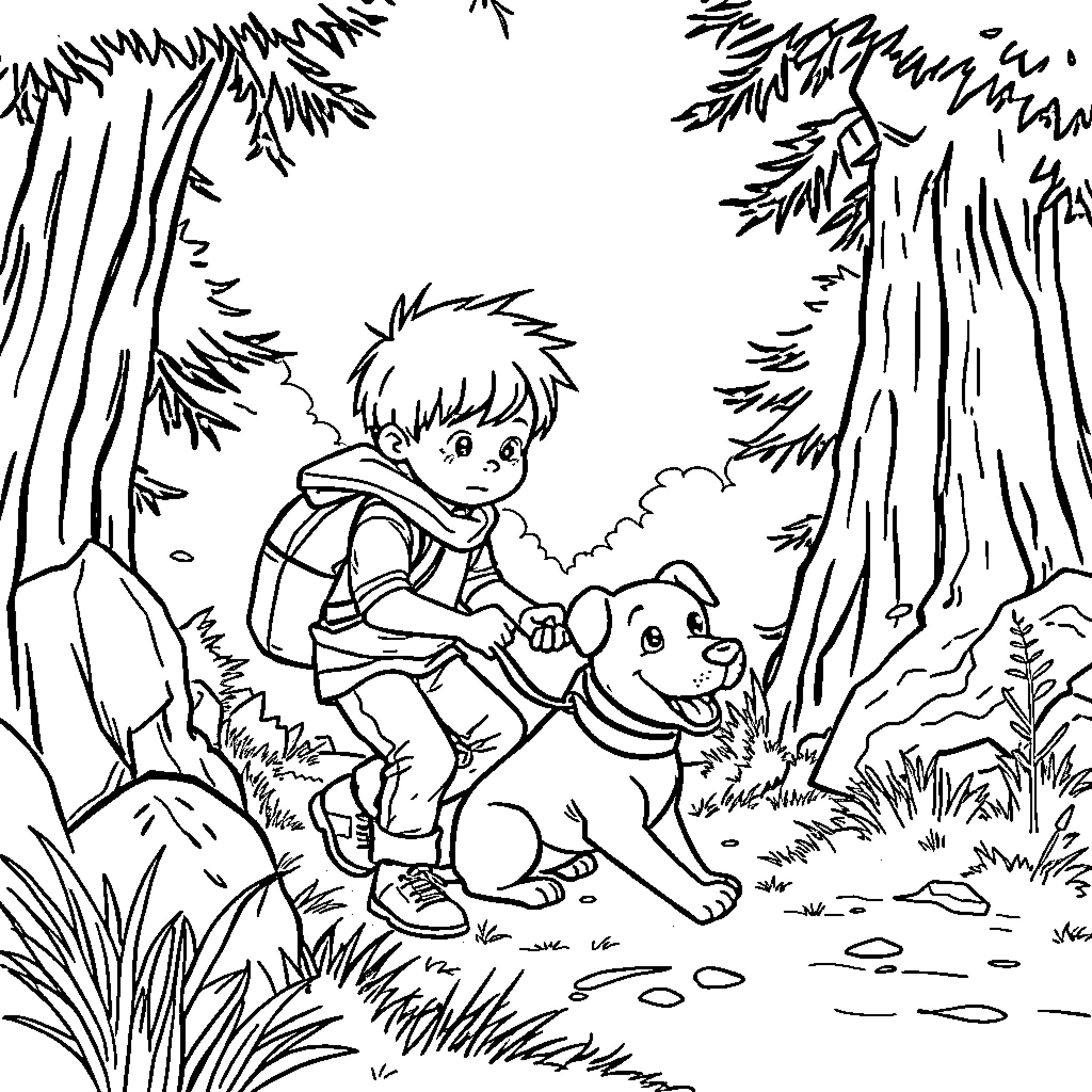 Dog and Boy Exploring the Outdoors Coloring Page (free black-and-white line drawing printable PDF for all, from beginners to advanced learners, including children, teens, adults, and seniors)