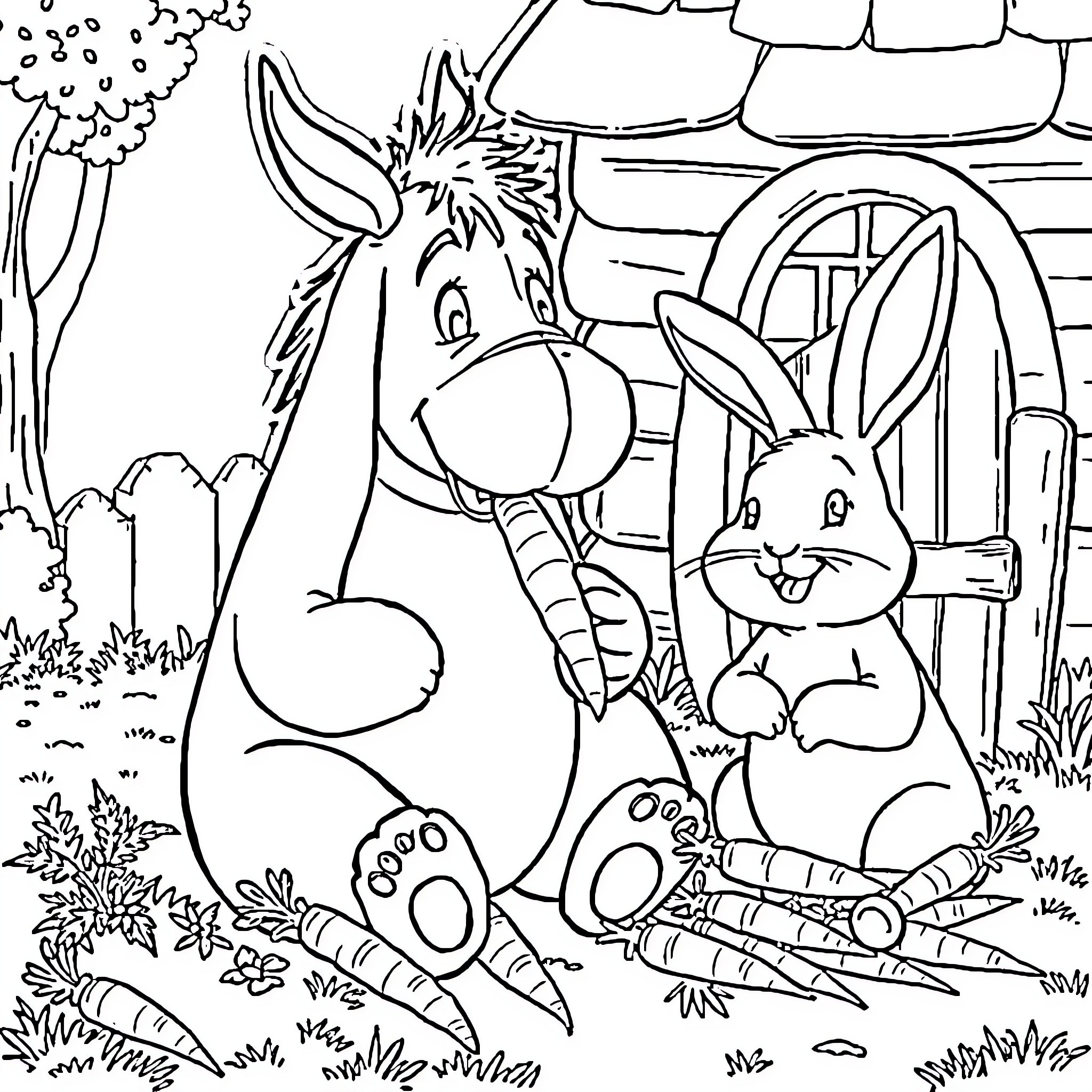 Eeyore and Rabbit enjoying a day outdoors Coloring Page (free black-and-white line drawing printable PDF for all, from beginners to advanced learners, including children, teens, adults, and seniors)