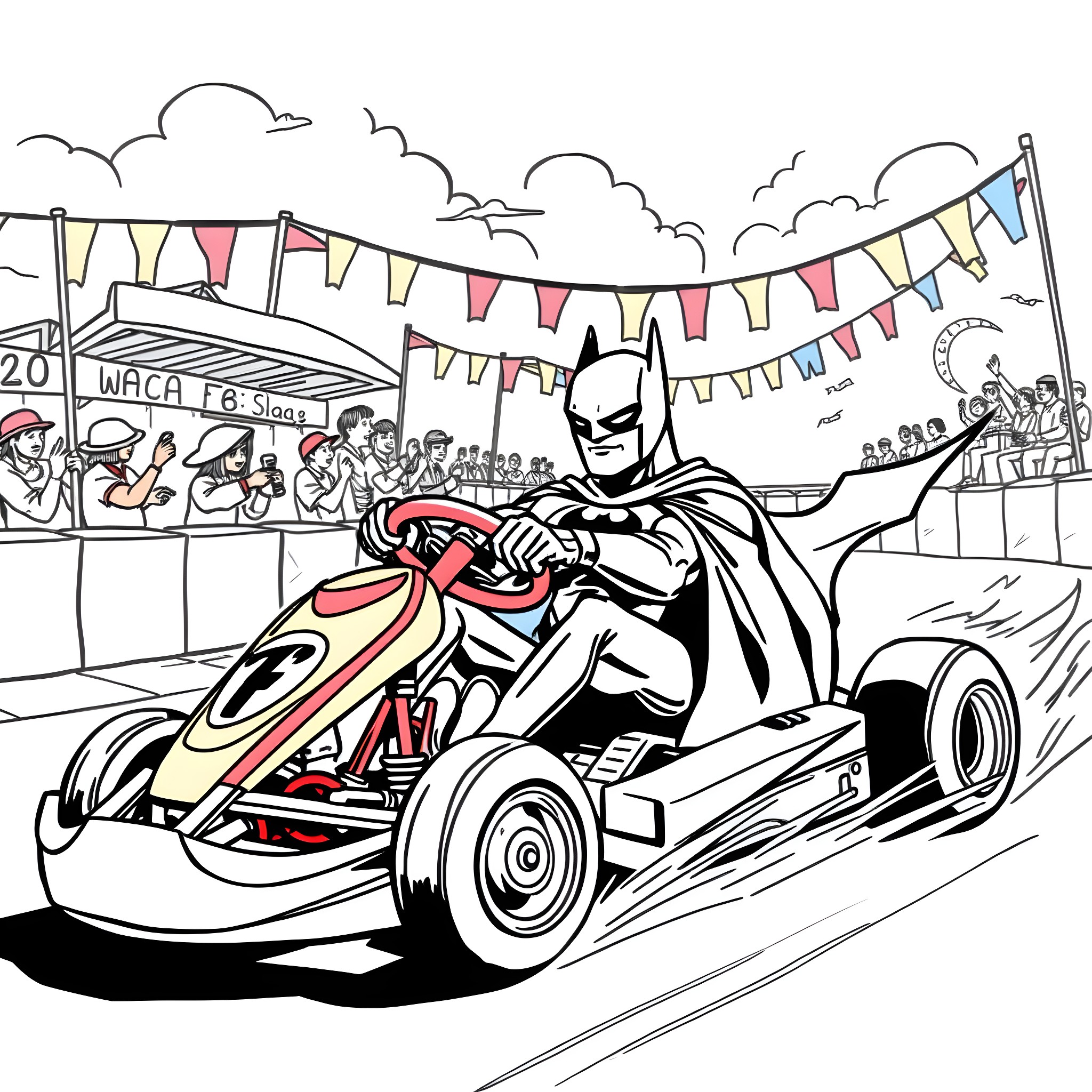 Batman Racing in a Kart at a Carnival Coloring Page (free black-and-white line drawing printable PDF for all, from beginners to advanced learners, including children, teens, adults, and seniors)