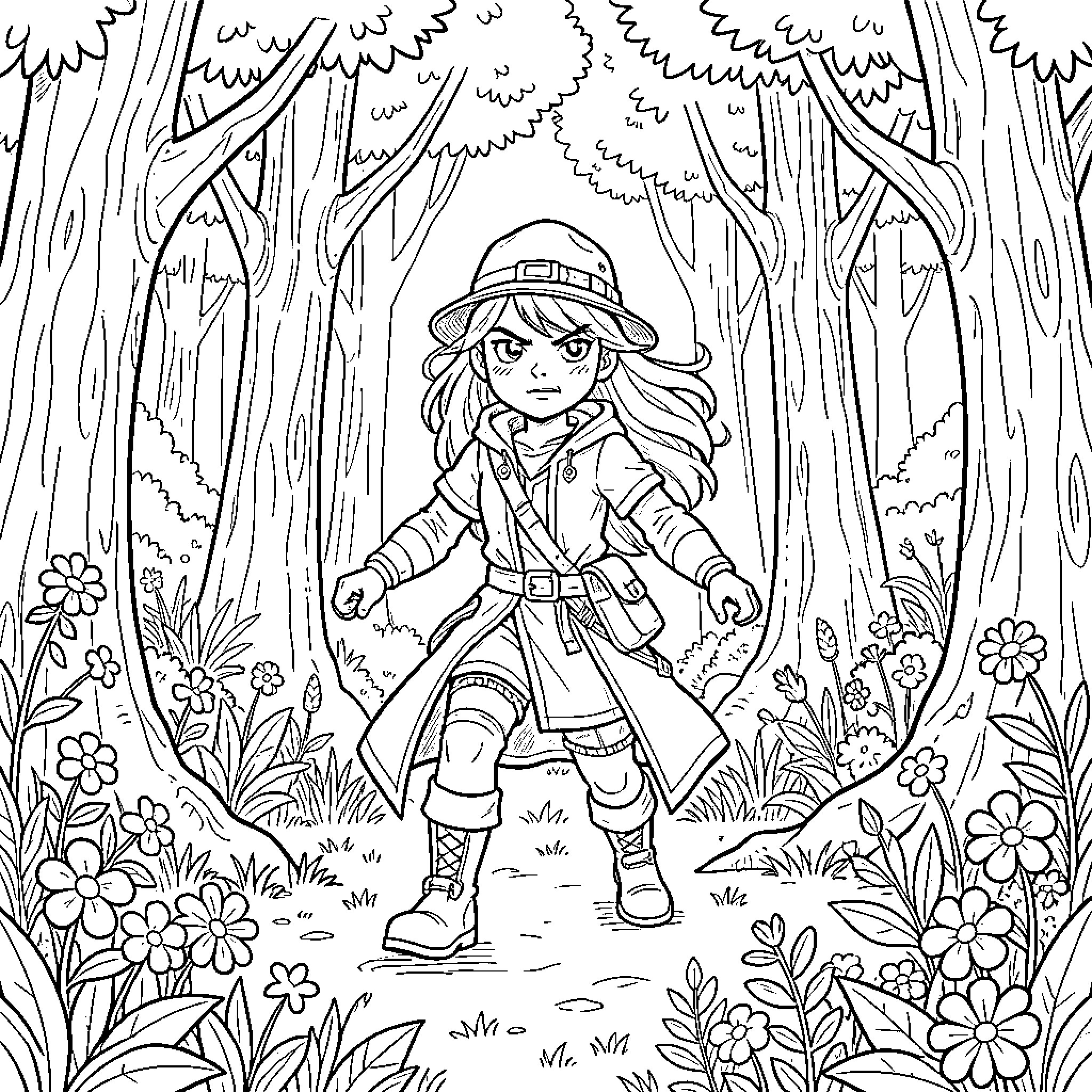 Zoë's Adventurous Exploration in the Enchanted Forest Coloring Page (free black-and-white line drawing printable PDF for all, from beginners to advanced learners, including children, teens, adults, and seniors)