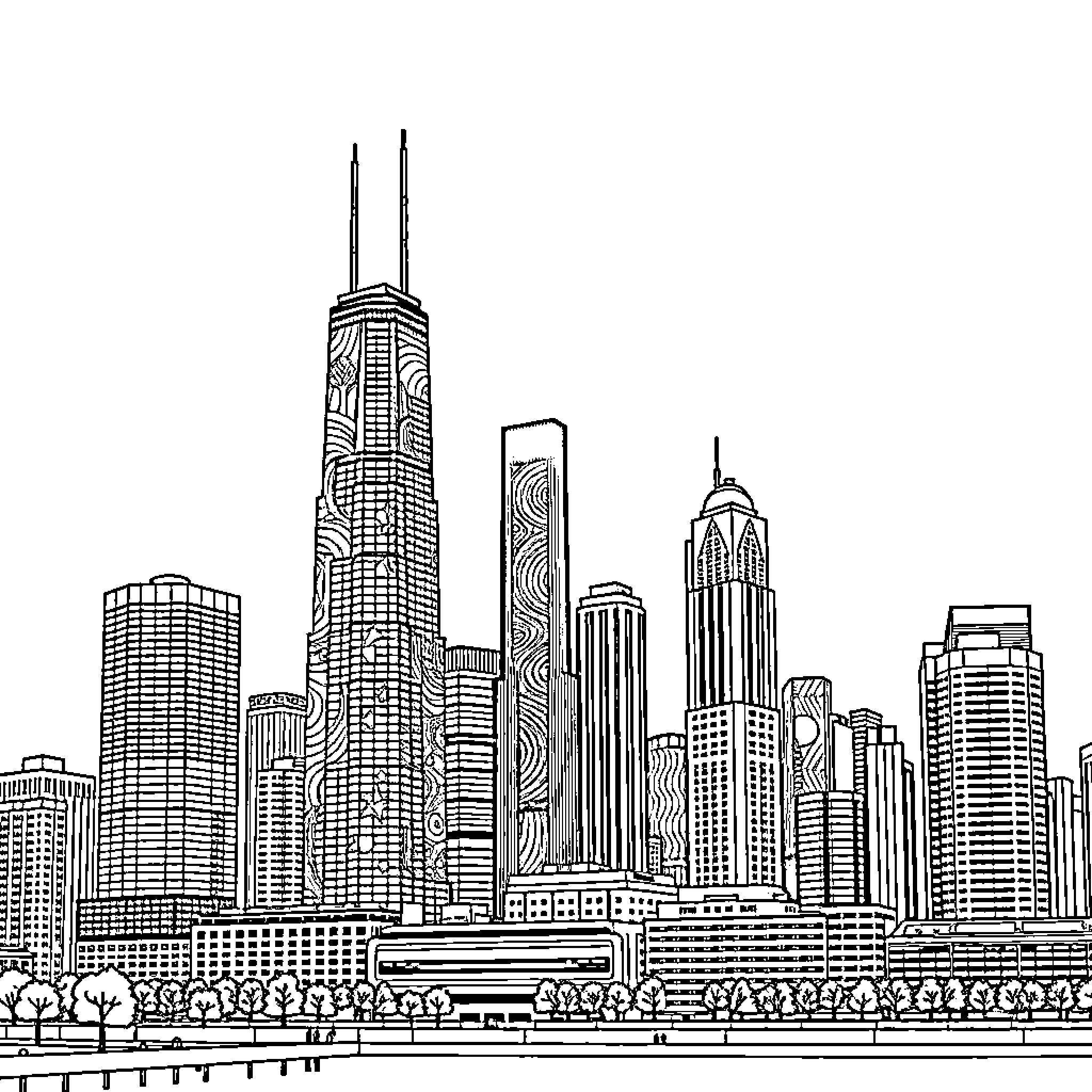 Chicago skyline featuring iconic skyscrapers Coloring Page (free black-and-white line drawing printable PDF for all, from beginners to advanced learners, including children, teens, adults, and seniors)