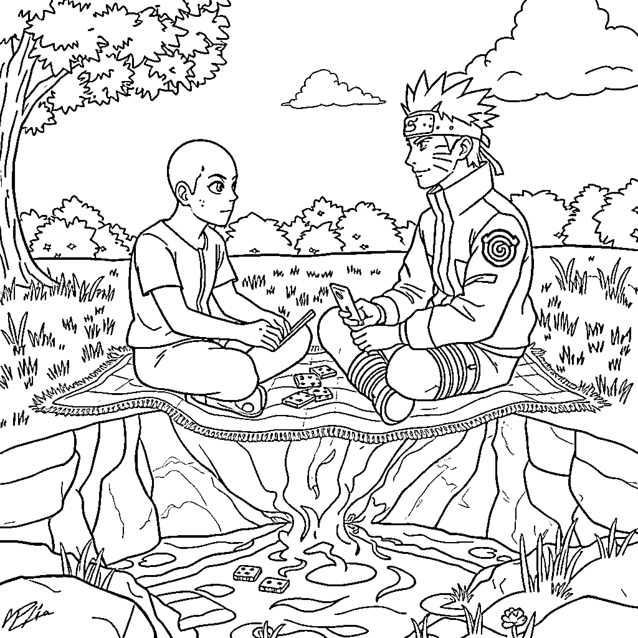 Bill Seifer meditates with a friend in nature Coloring Page (free black-and-white line drawing printable PDF for all, from beginners to advanced learners, including children, teens, adults, and seniors)