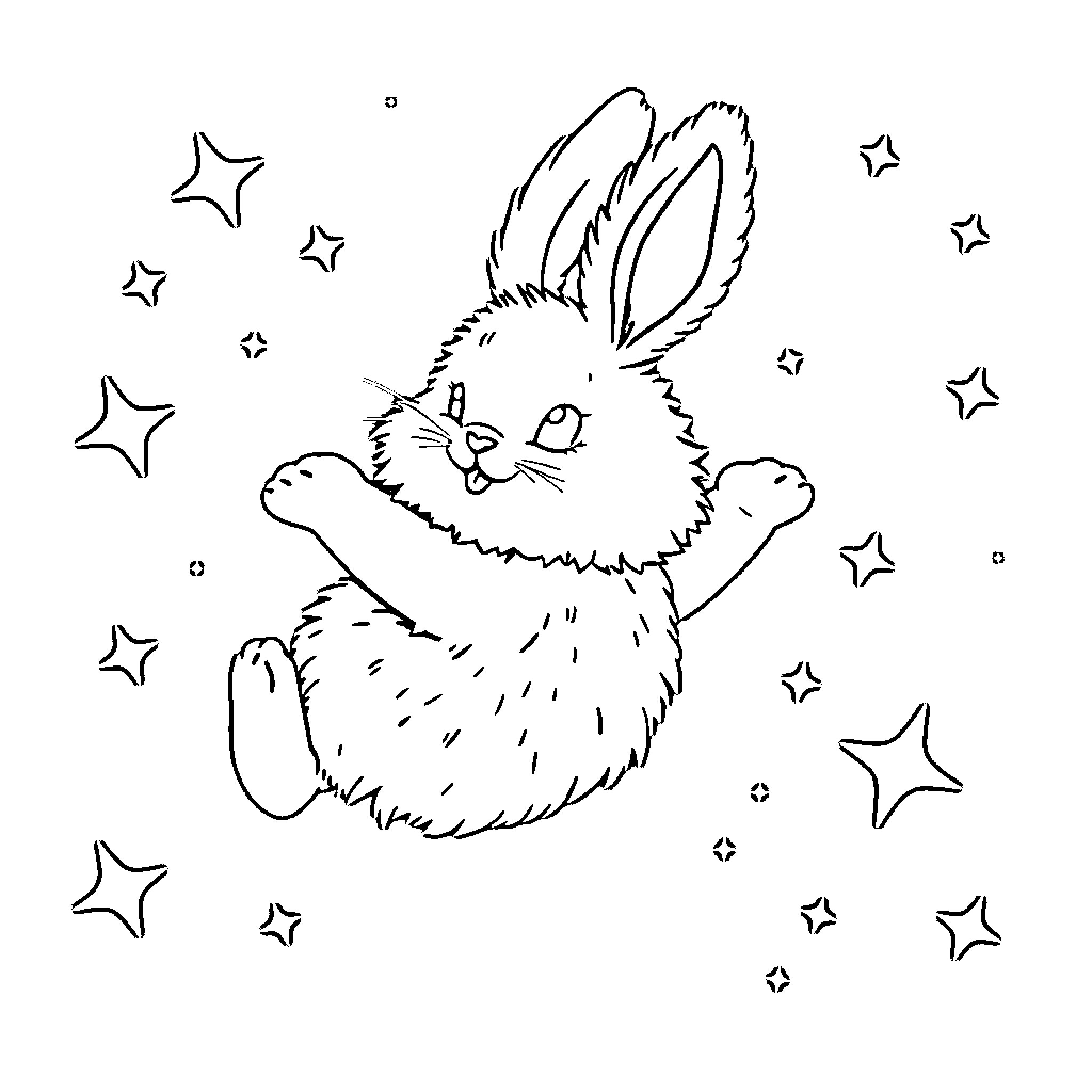 Bunny reaching for the stars Coloring Page (free black-and-white line drawing printable PDF for all, from beginners to advanced learners, including children, teens, adults, and seniors)