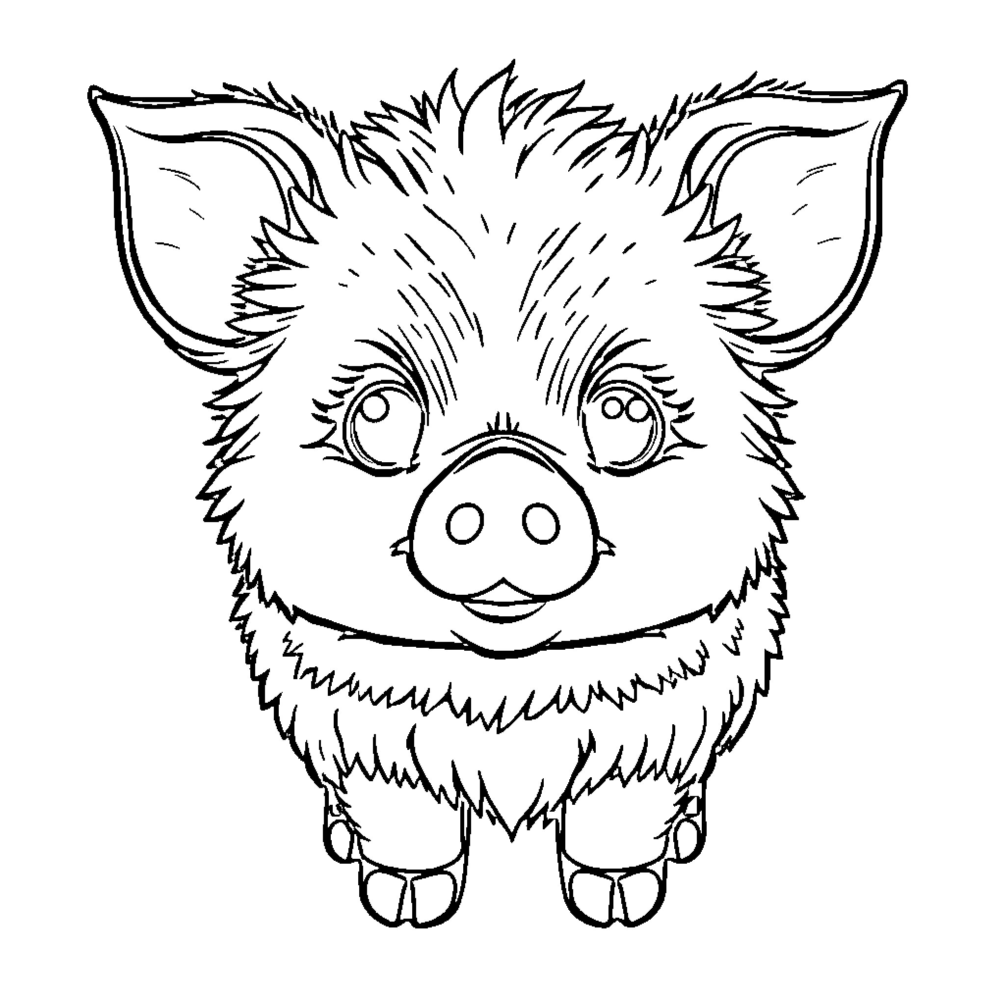 Dwaekki - Whimsical Piglet with Expressive Eyes Coloring Page (free black-and-white line drawing printable PDF for all, from beginners to advanced learners, including children, teens, adults, and seniors)