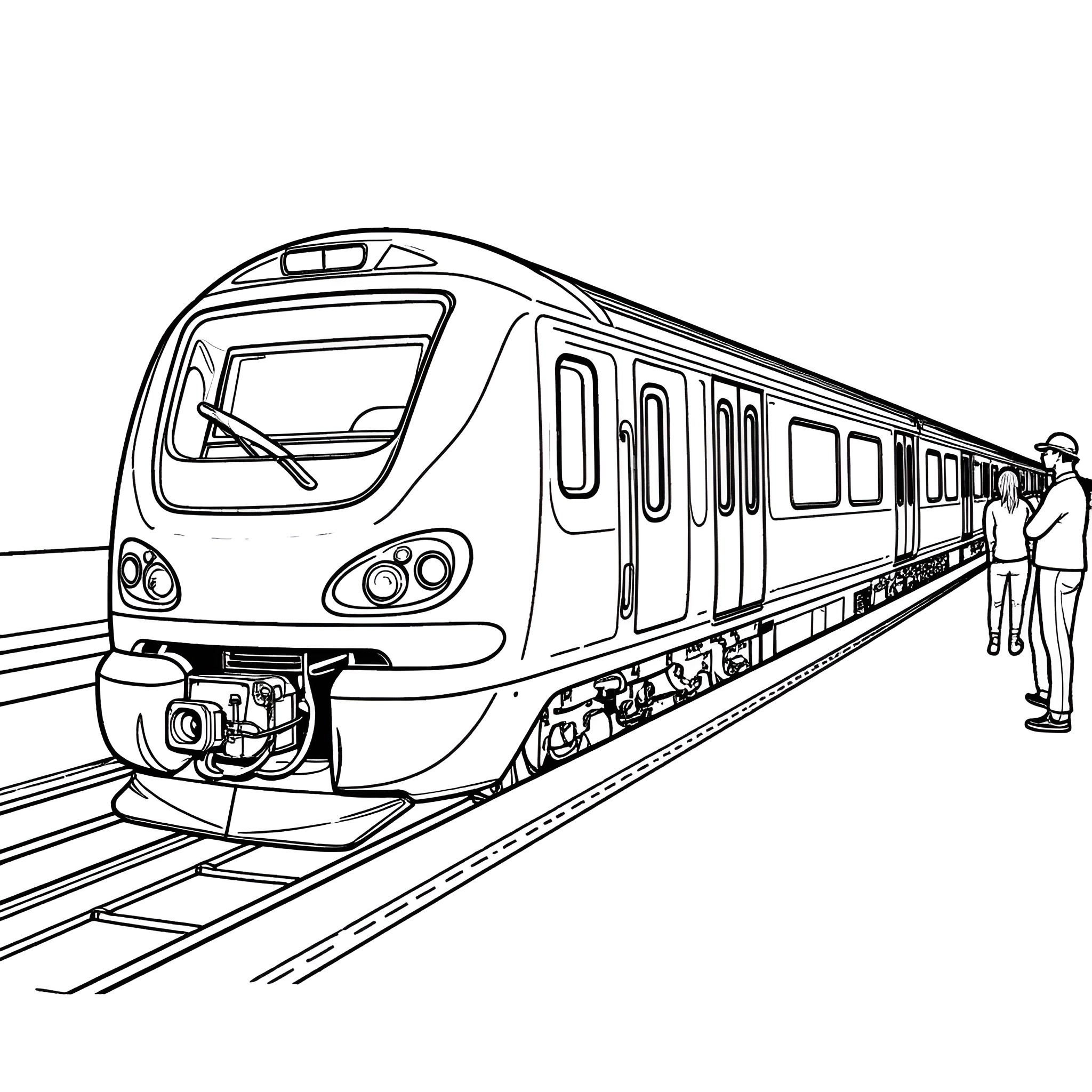 Train arriving at the station with passengers Coloring Page (free black-and-white line drawing printable PDF for all, from beginners to advanced learners, including children, teens, adults, and seniors)