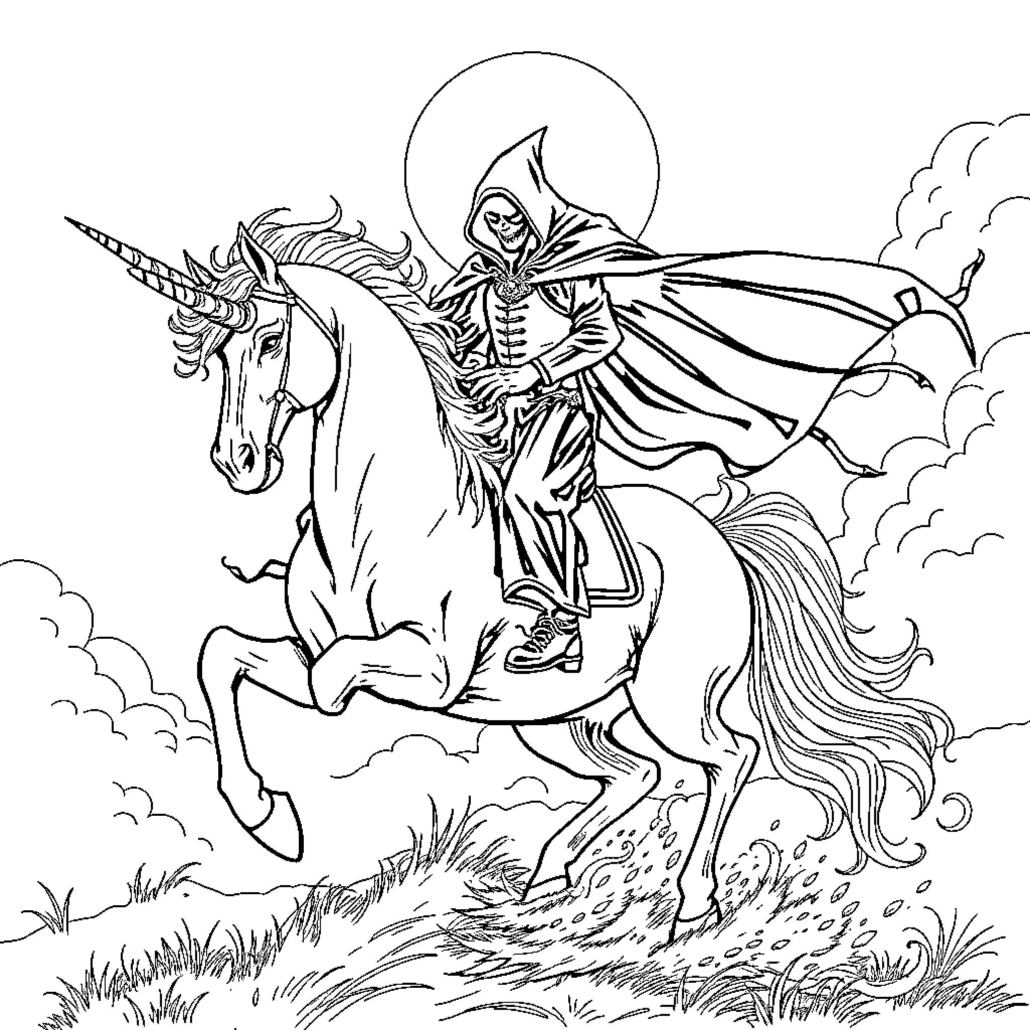 Horseman riding a majestic unicorn in a mystical landscape Coloring Page (free black-and-white line drawing printable PDF for all, from beginners to advanced learners, including children, teens, adults, and seniors)