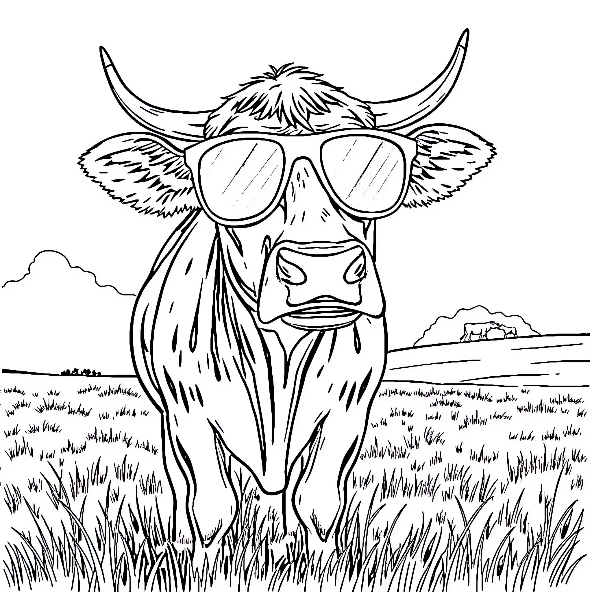 Cow wearing sunglasses in a grassy field Coloring Page (free black-and-white line drawing printable PDF for all, from beginners to advanced learners, including children, teens, adults, and seniors)