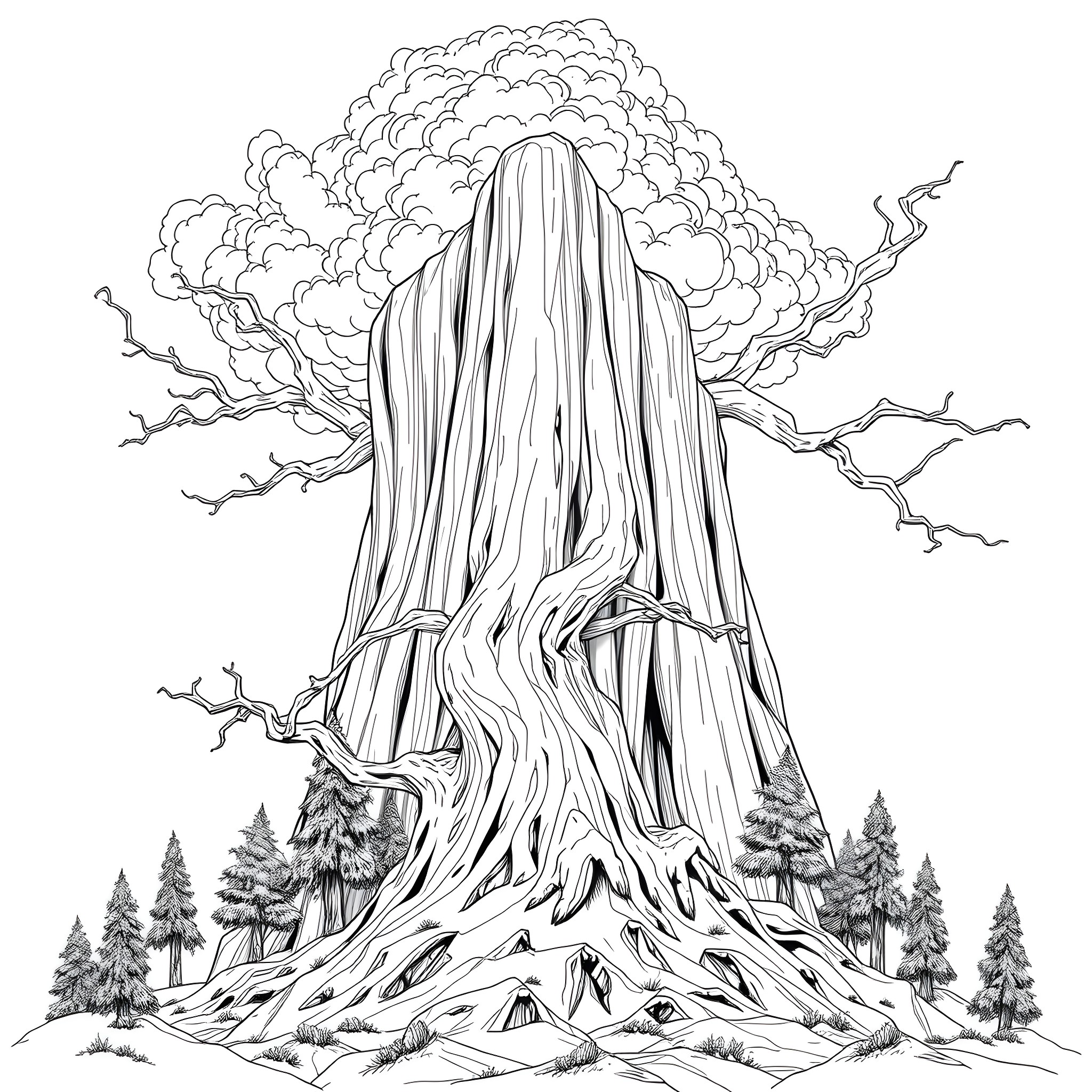 Behemoth Towering Over the Mountainous Landscape Coloring Page (free black-and-white line drawing printable PDF for all, from beginners to advanced learners, including children, teens, adults, and seniors)