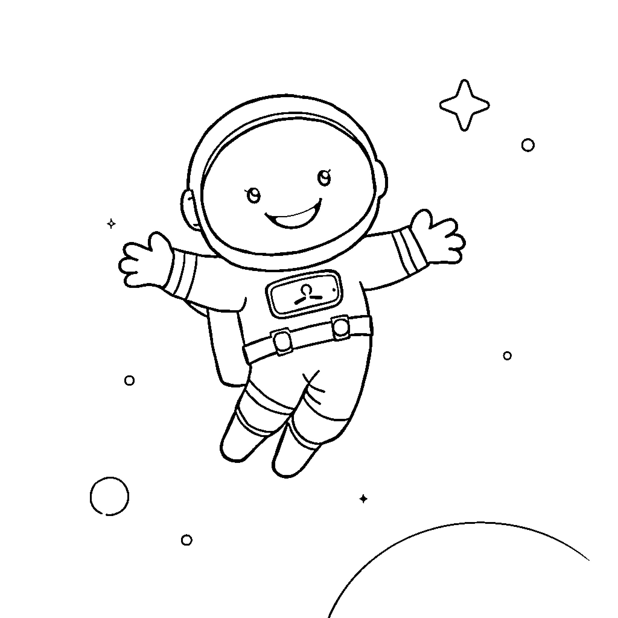 Astronaut floating joyfully in space Coloring Page (free black-and-white line drawing printable PDF for all, from beginners to advanced learners, including children, teens, adults, and seniors)