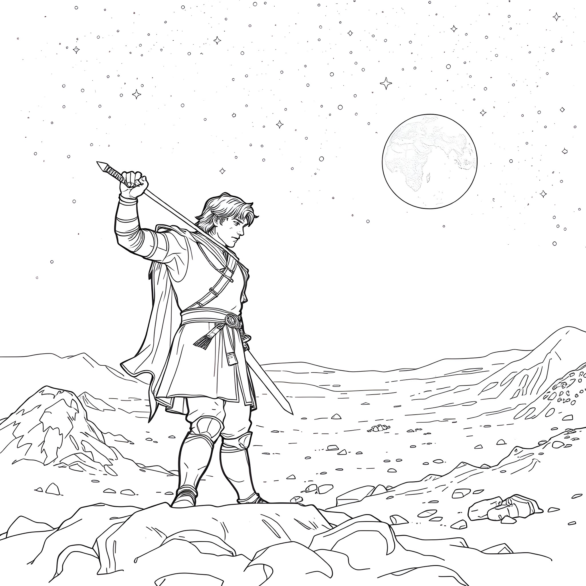Tyrion Lannister gazing at the moon in a starry night Coloring Page (free black-and-white line drawing printable PDF for all, from beginners to advanced learners, including children, teens, adults, and seniors)
