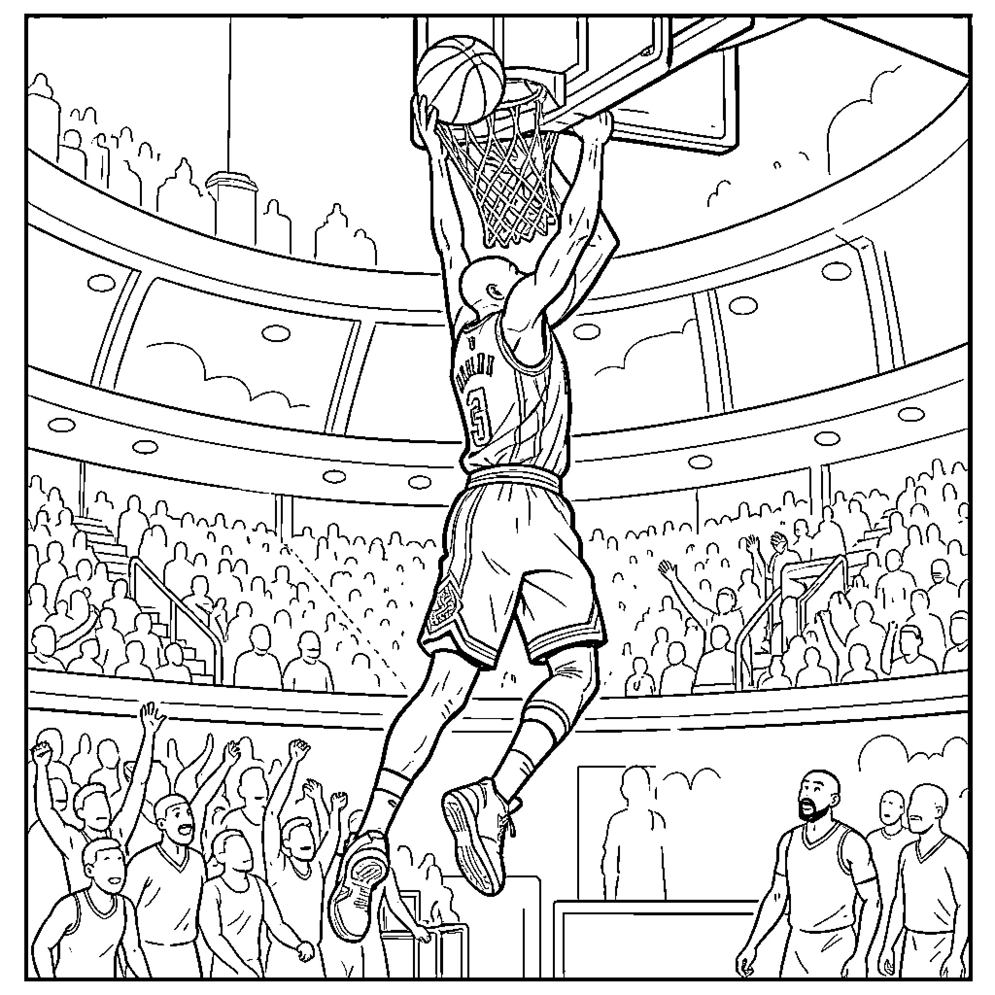 Kobe Bryant performing a powerful slam dunk in an arena Coloring Page (free black-and-white line drawing printable PDF for all, from beginners to advanced learners, including children, teens, adults, and seniors)