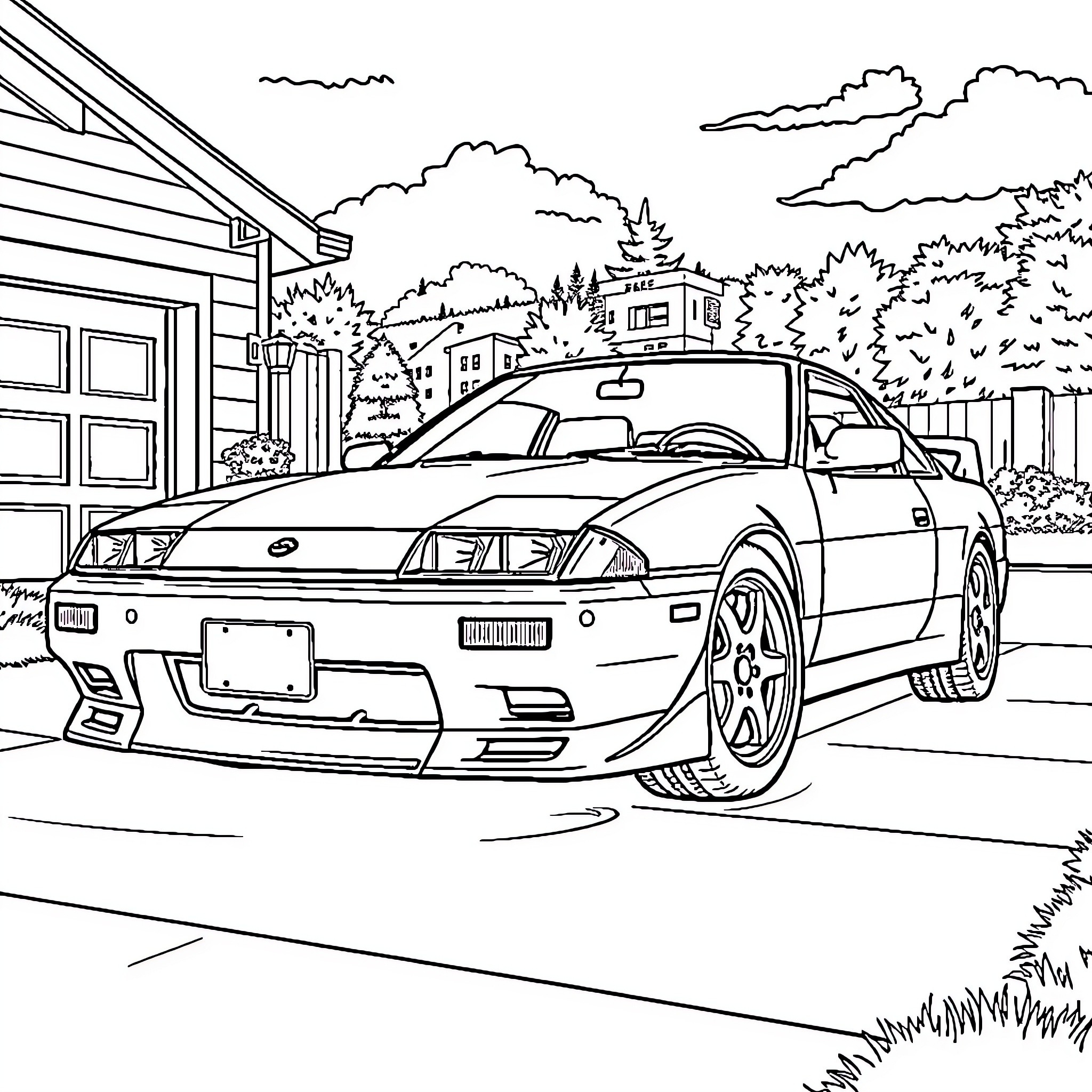 Nissan 240sx parked in scenic neighborhood Coloring Page (free black-and-white line drawing printable PDF for all, from beginners to advanced learners, including children, teens, adults, and seniors)