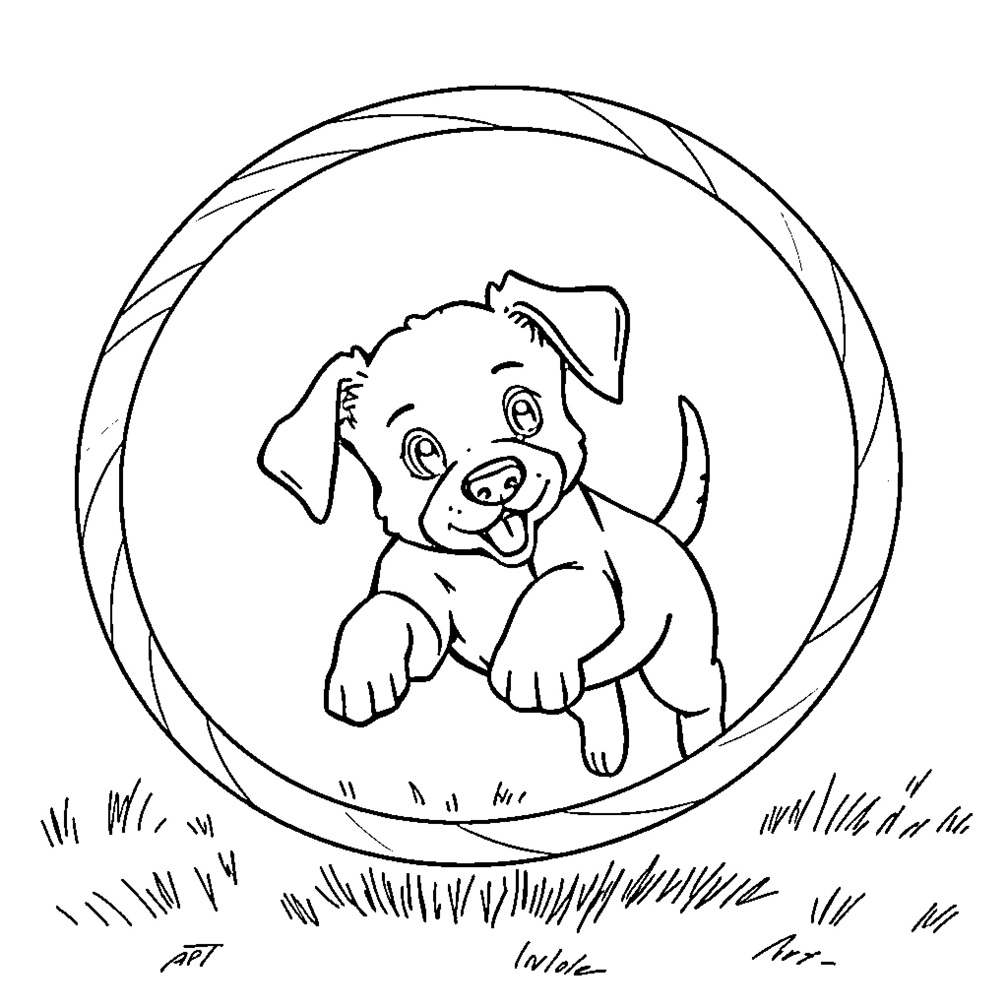 Puppy peeking out from circular frame Coloring Page (free black-and-white line drawing printable PDF for all, from beginners to advanced learners, including children, teens, adults, and seniors)