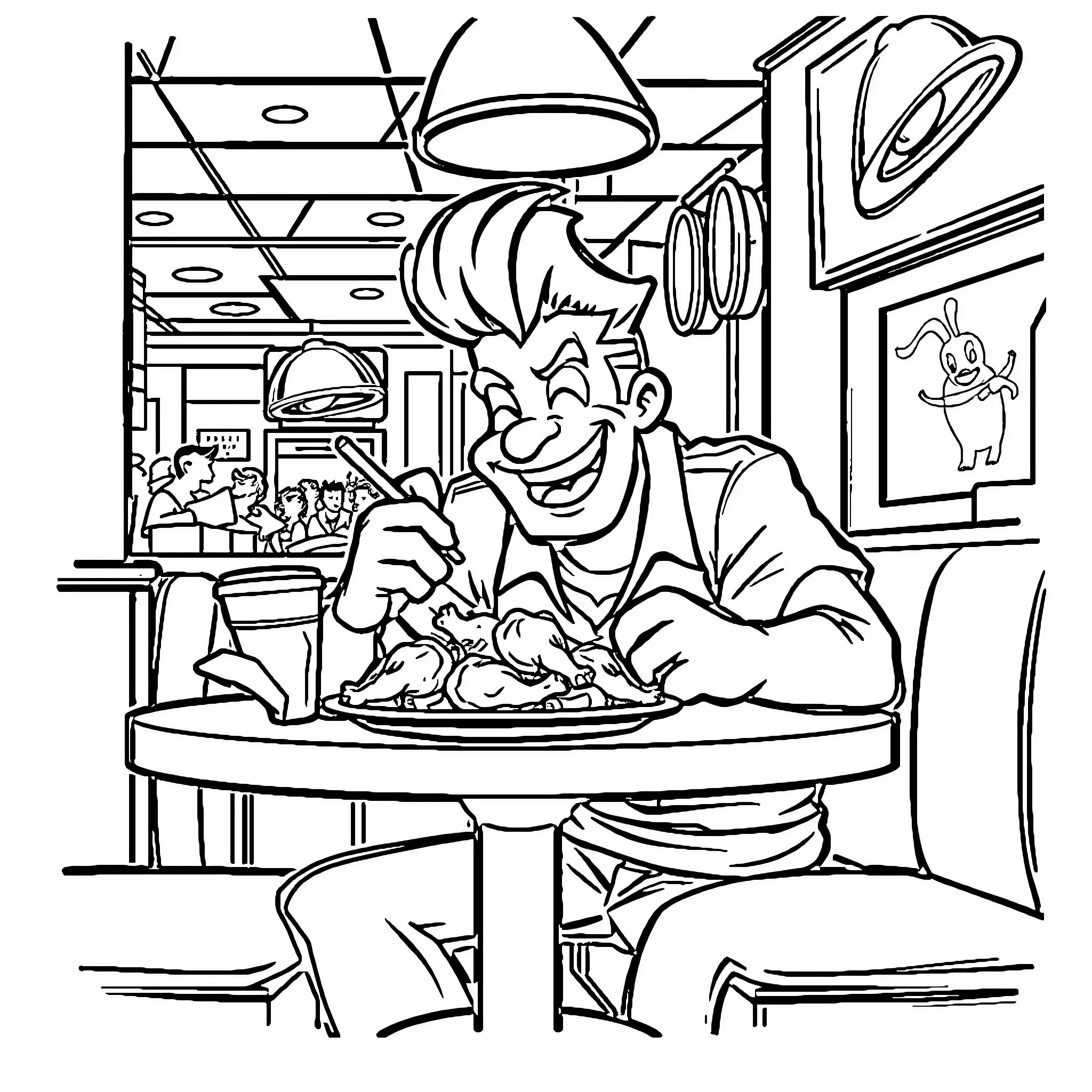 Johnny Bravo enjoying a meal at the diner Coloring Page (free black-and-white line drawing printable PDF for all, from beginners to advanced learners, including children, teens, adults, and seniors)