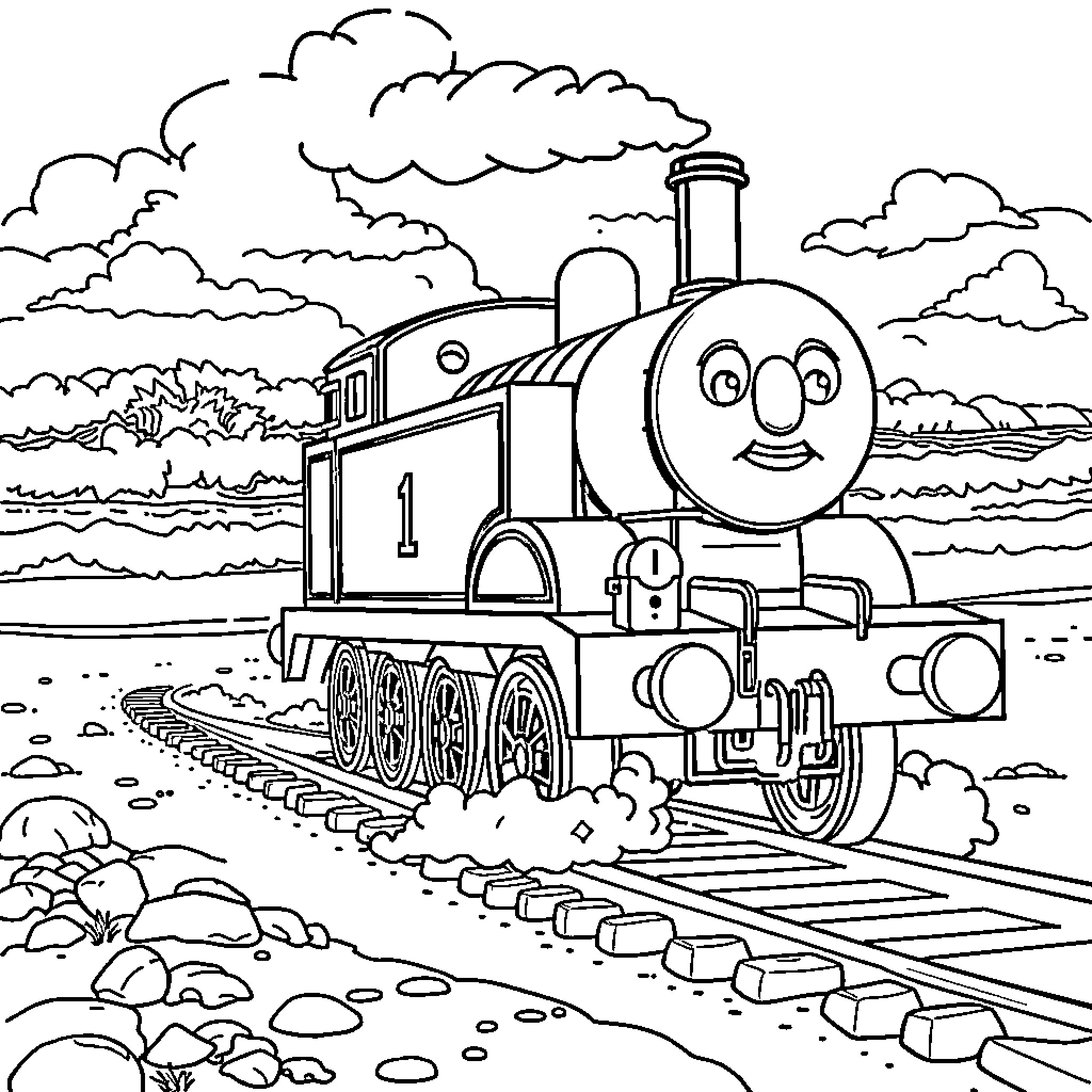 Thomas the Train Chugging Along the Countryside Coloring Page (free black-and-white line drawing printable PDF for all, from beginners to advanced learners, including children, teens, adults, and seniors)