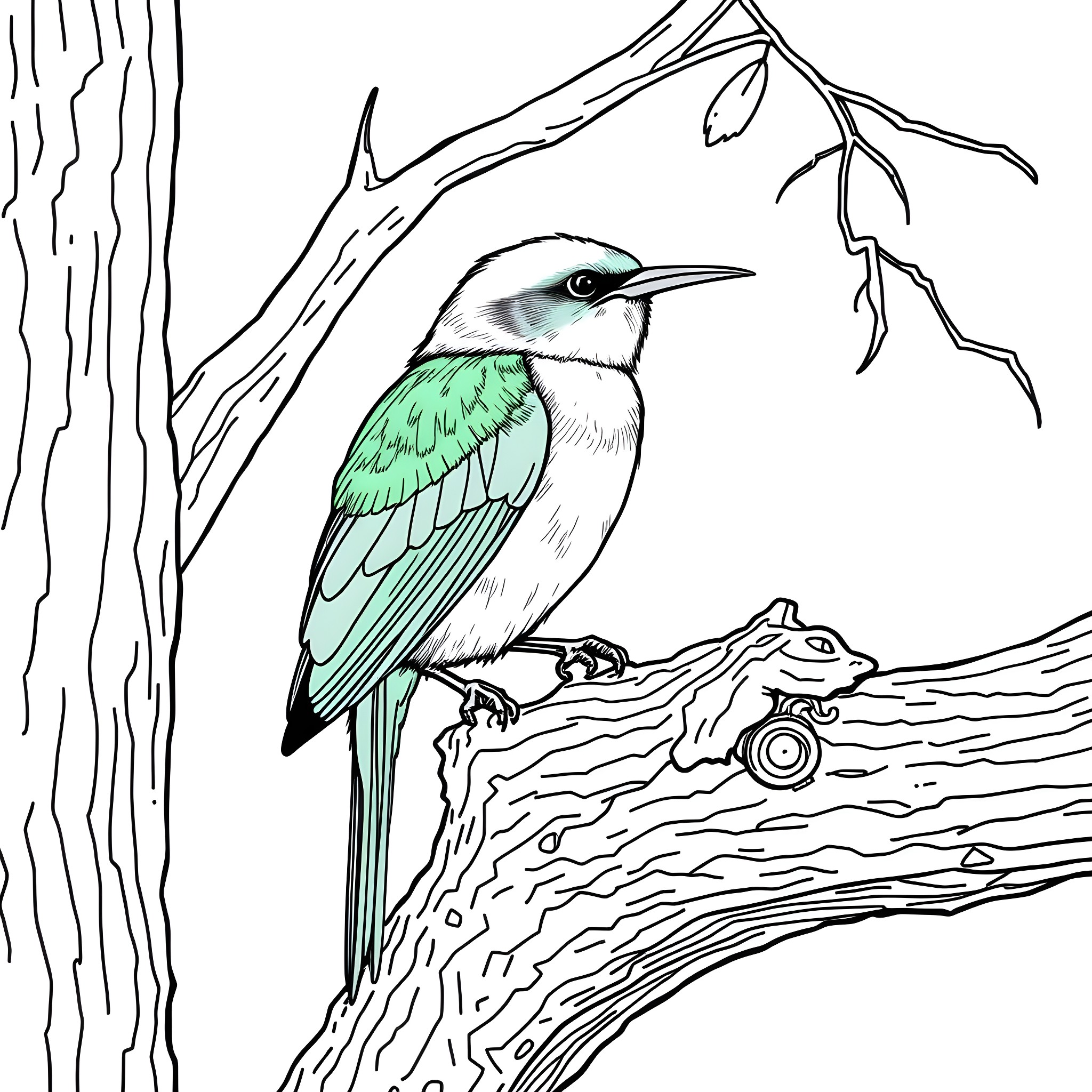 Bird perched on a tree branch in the wilderness Coloring Page (free black-and-white line drawing printable PDF for all, from beginners to advanced learners, including children, teens, adults, and seniors)