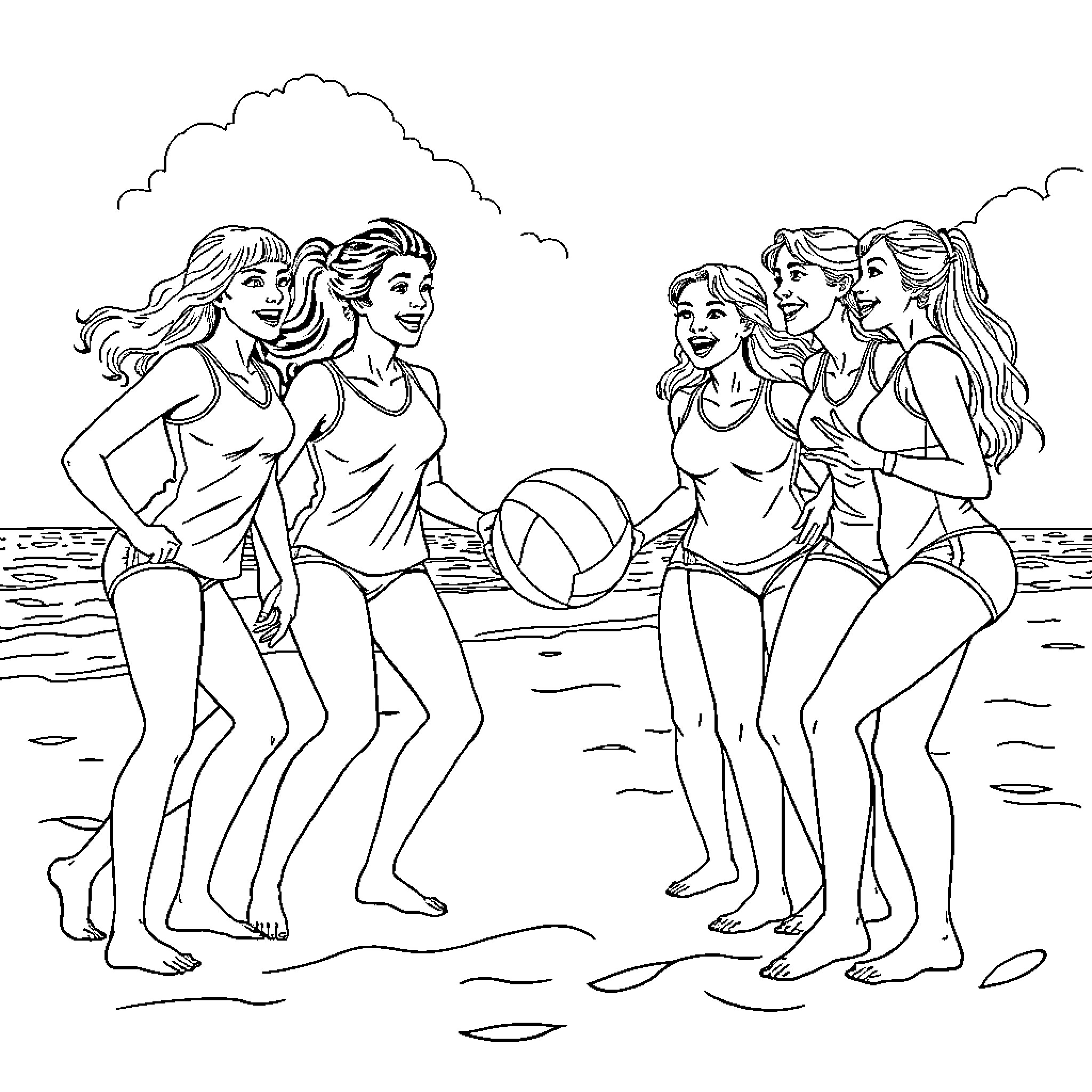 Girl Volleyball Players Enjoying Beach Game Coloring Page (free black-and-white line drawing printable PDF for all, from beginners to advanced learners, including children, teens, adults, and seniors)