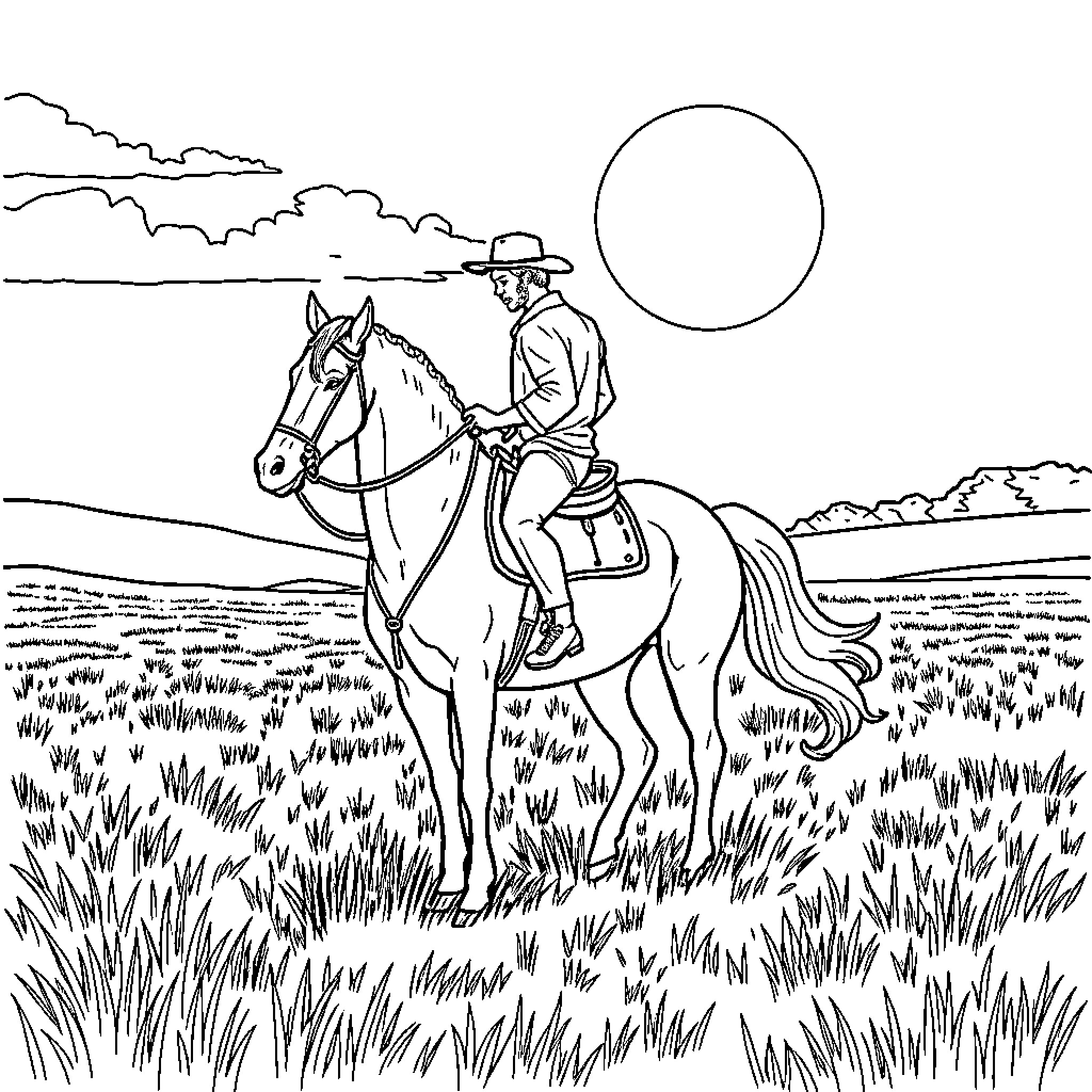 Horse rider enjoying scenic trail ride Coloring Page (free black-and-white line drawing printable PDF for all, from beginners to advanced learners, including children, teens, adults, and seniors)