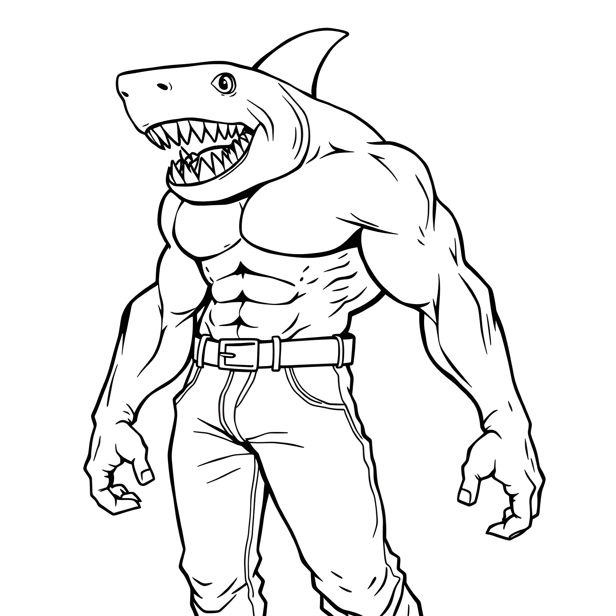 Shark-headed muscular man in action pose Coloring Page (free black-and-white line drawing printable PDF for all, from beginners to advanced learners, including children, teens, adults, and seniors)