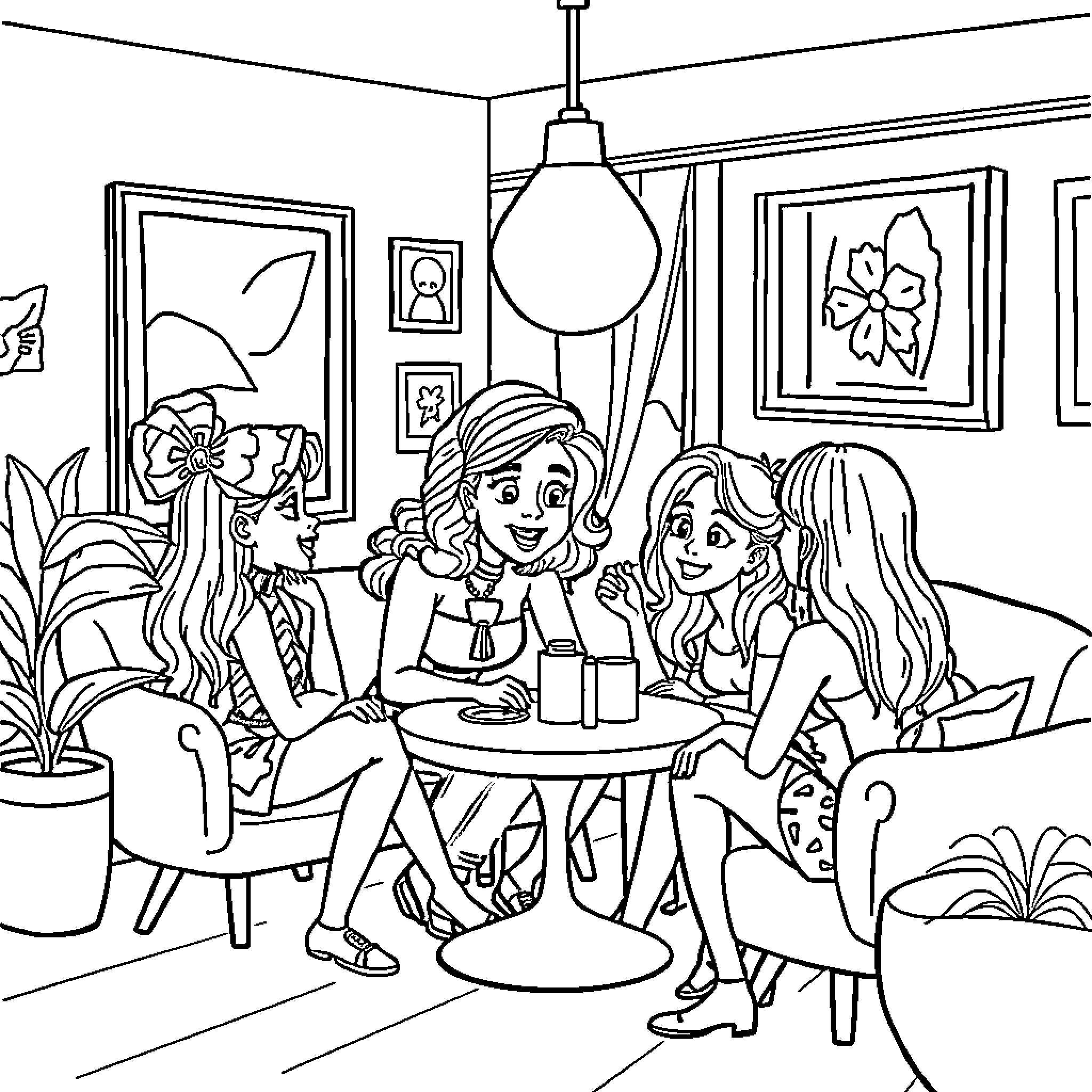 Gabby and friends having a fun tea party Coloring Page (free black-and-white line drawing printable PDF for all, from beginners to advanced learners, including children, teens, adults, and seniors)