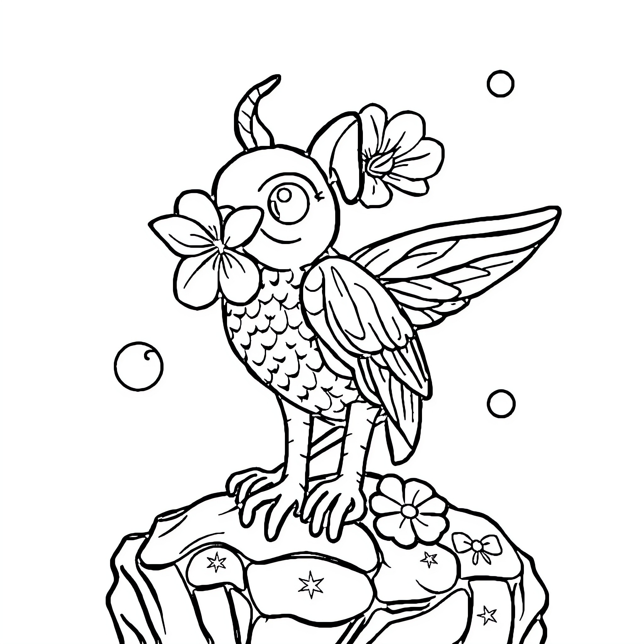 Book of Whimsical Bird with Flowers Coloring Page (free black-and-white line drawing printable PDF for all, from beginners to advanced learners, including children, teens, adults, and seniors)