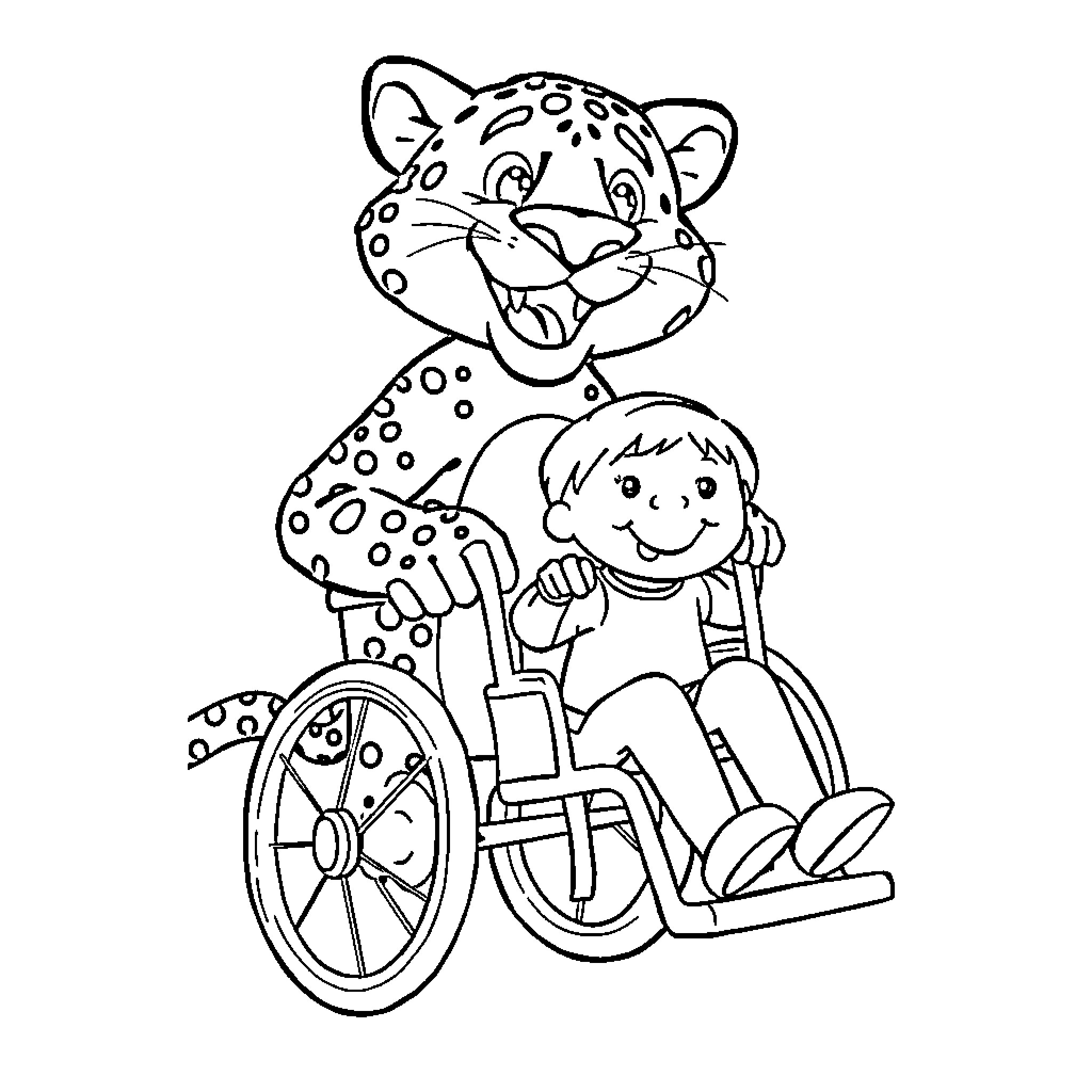 Jaguar assisting child in wheelchair Coloring Page (free black-and-white line drawing printable PDF for all, from beginners to advanced learners, including children, teens, adults, and seniors)