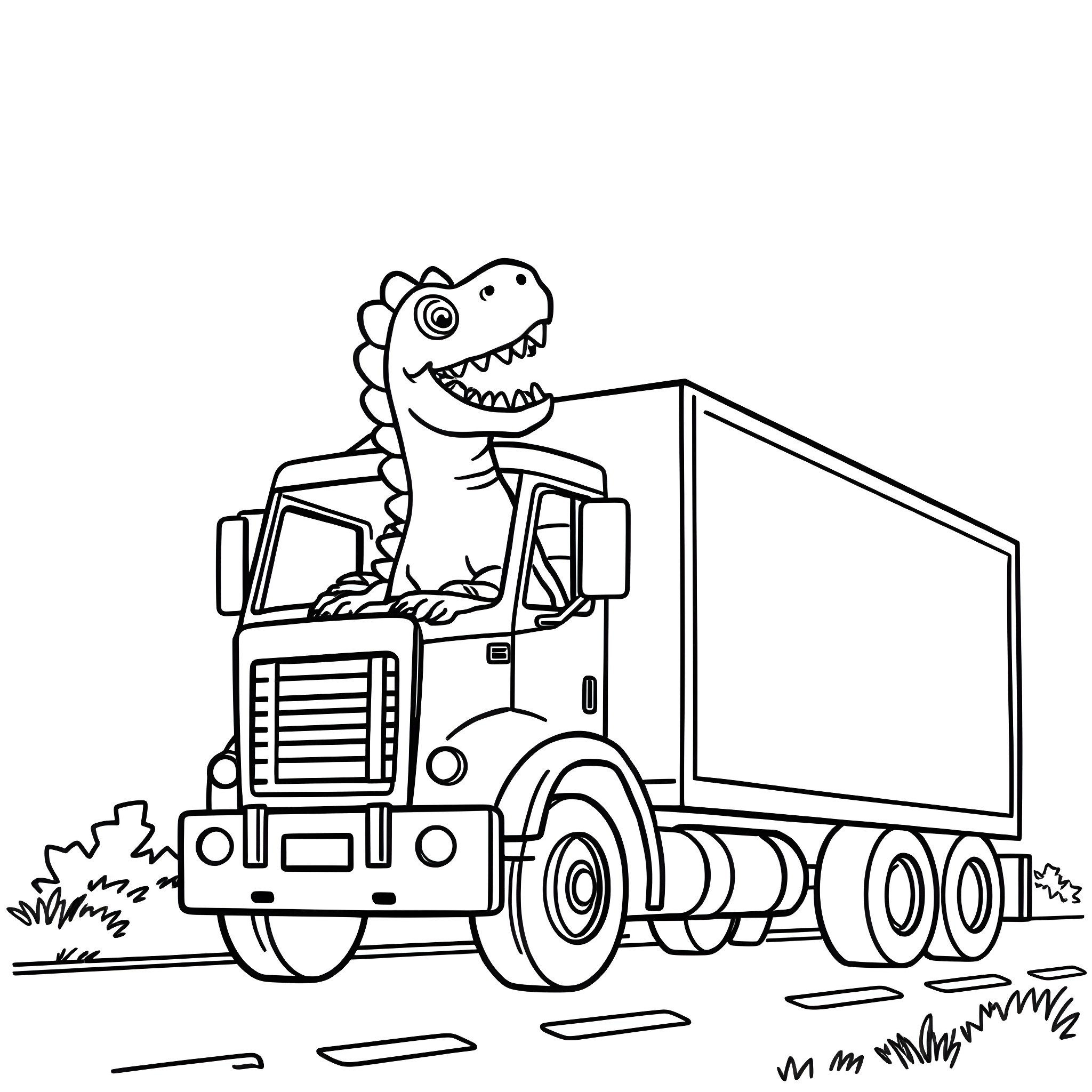 Dinosaur riding a delivery truck on the road Coloring Page (free black-and-white line drawing printable PDF for all, from beginners to advanced learners, including children, teens, adults, and seniors)