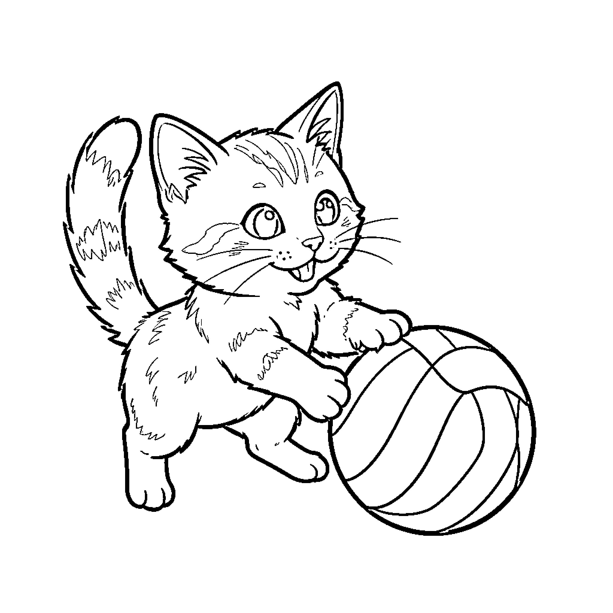 Cat playing with ball Coloring Page (free black-and-white line drawing printable PDF for all, from beginners to advanced learners, including children, teens, adults, and seniors)