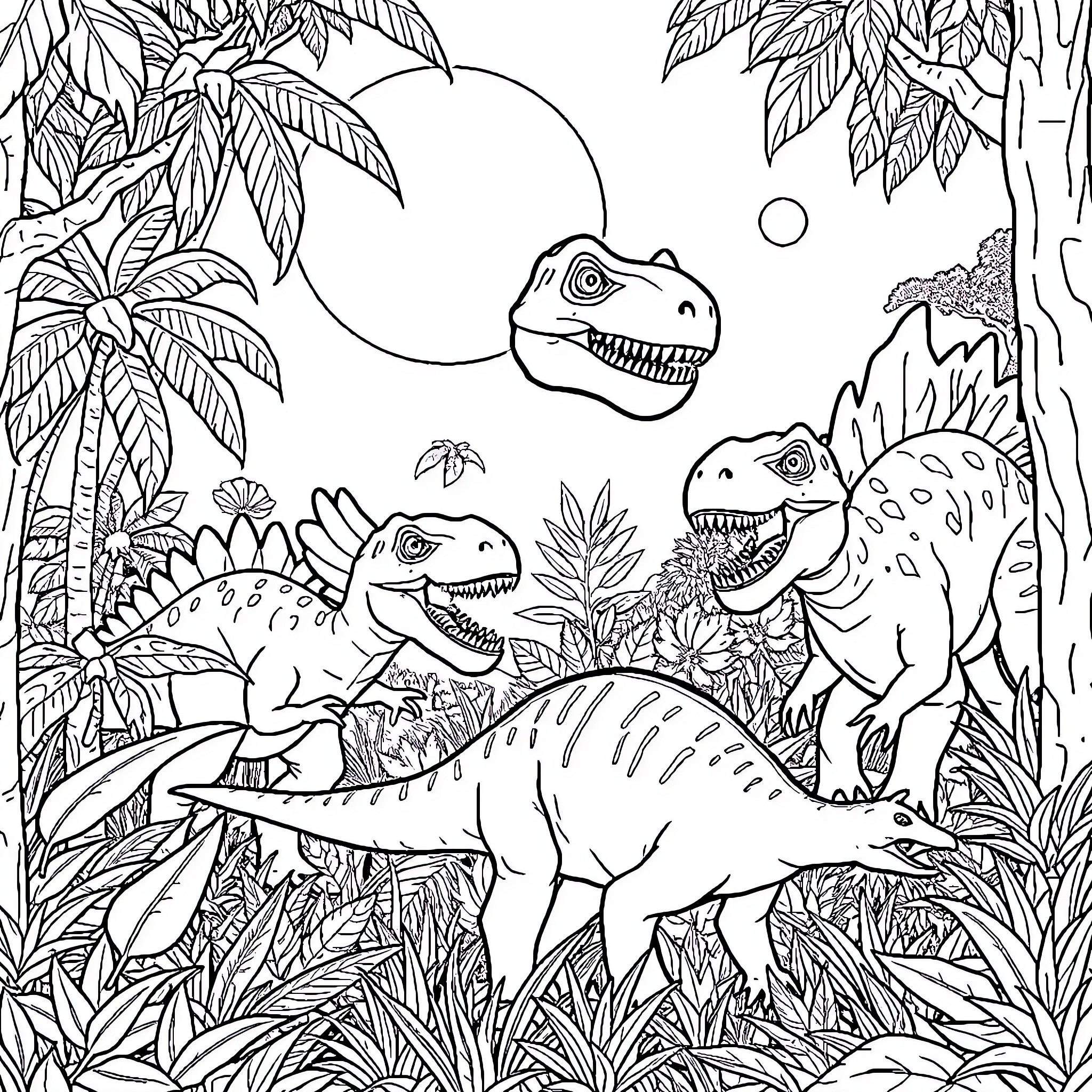 Dinosaurs roaming in the jungle landscape Coloring Page (free black-and-white line drawing printable PDF for all, from beginners to advanced learners, including children, teens, adults, and seniors)