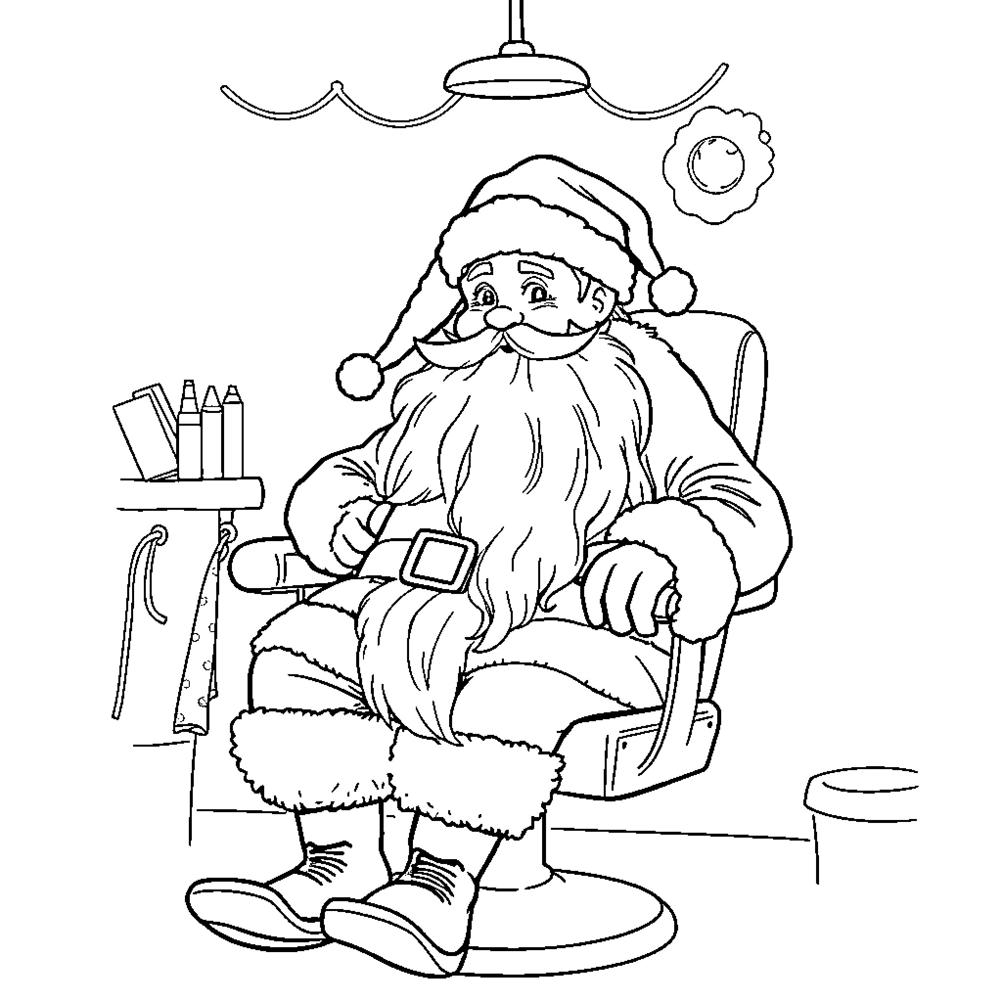 Santa resting in his chair after a busy day Coloring Page (free black-and-white line drawing printable PDF for all, from beginners to advanced learners, including children, teens, adults, and seniors)