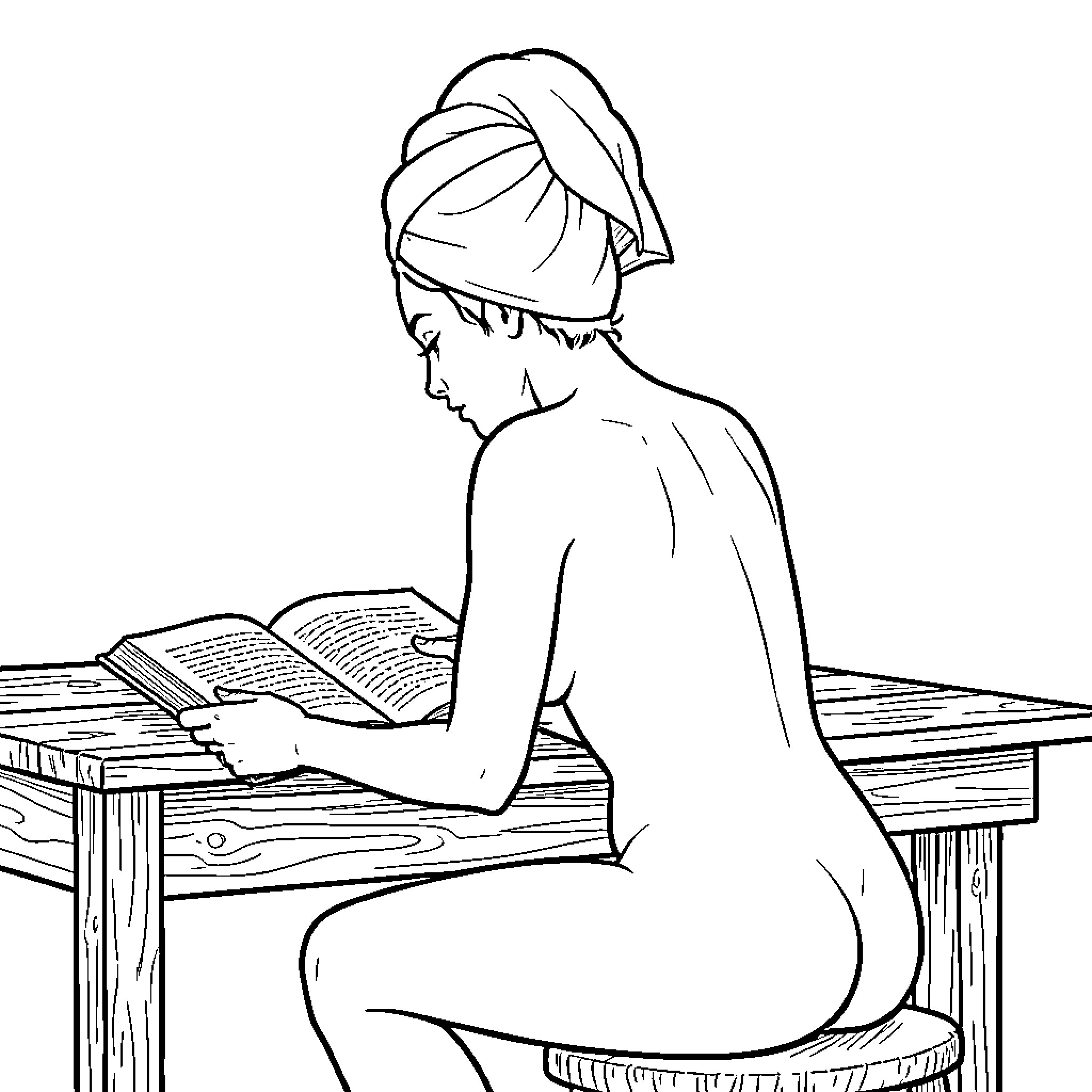 Woman reading books intently at a wooden table Coloring Page (free black-and-white line drawing printable PDF for all, from beginners to advanced learners, including children, teens, adults, and seniors)