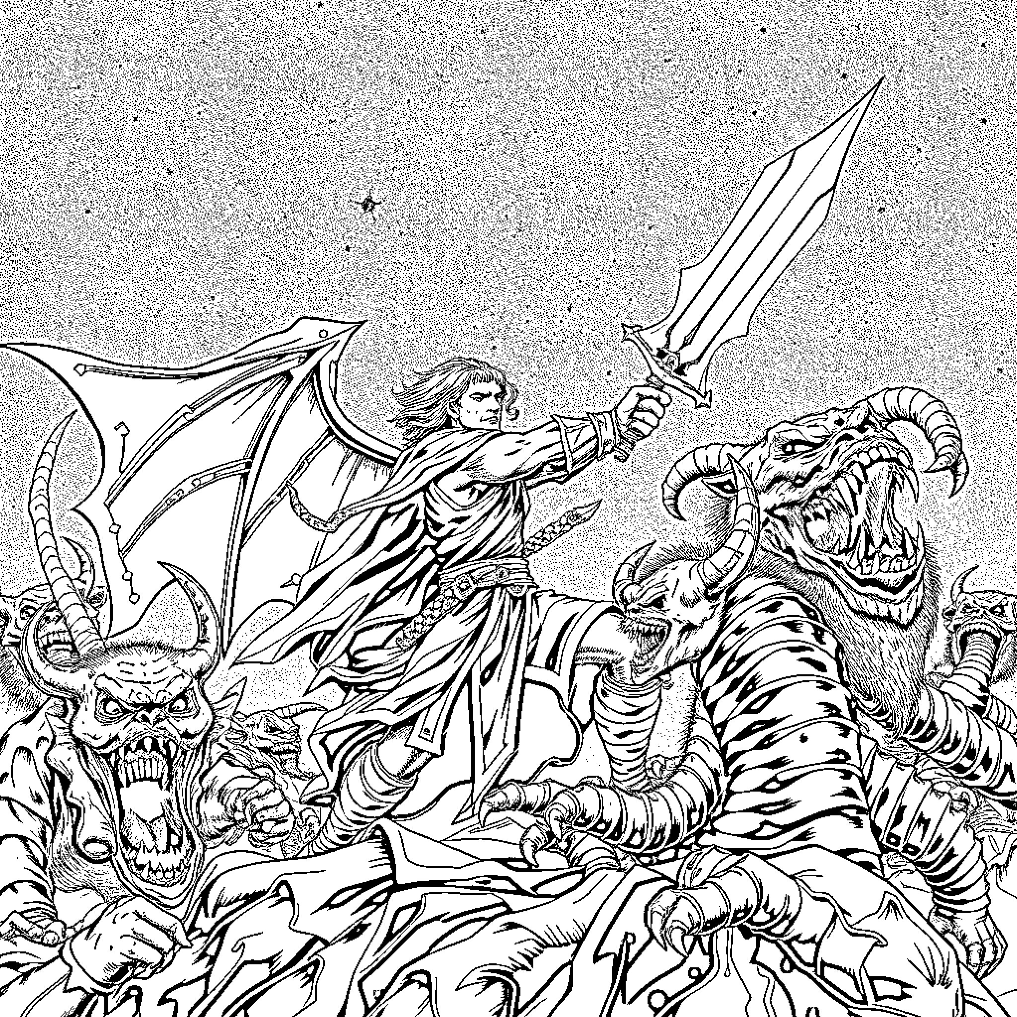 Demon Slayer Warrior Battling Ferocious Monsters Coloring Page (free black-and-white line drawing printable PDF for all, from beginners to advanced learners, including children, teens, adults, and seniors)